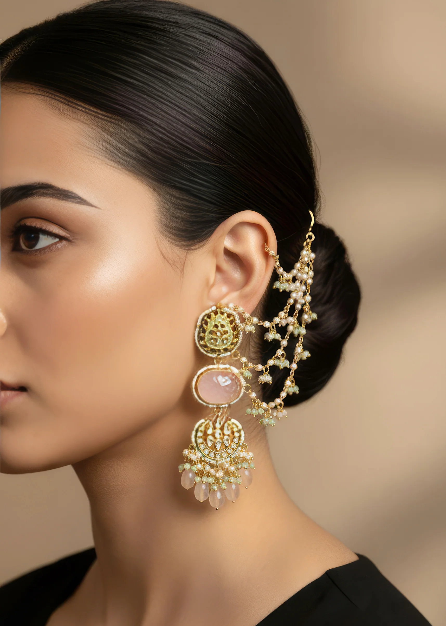 Multi Traditional Kundan Kaan Chain Earrings with Faux Pearl and Stones