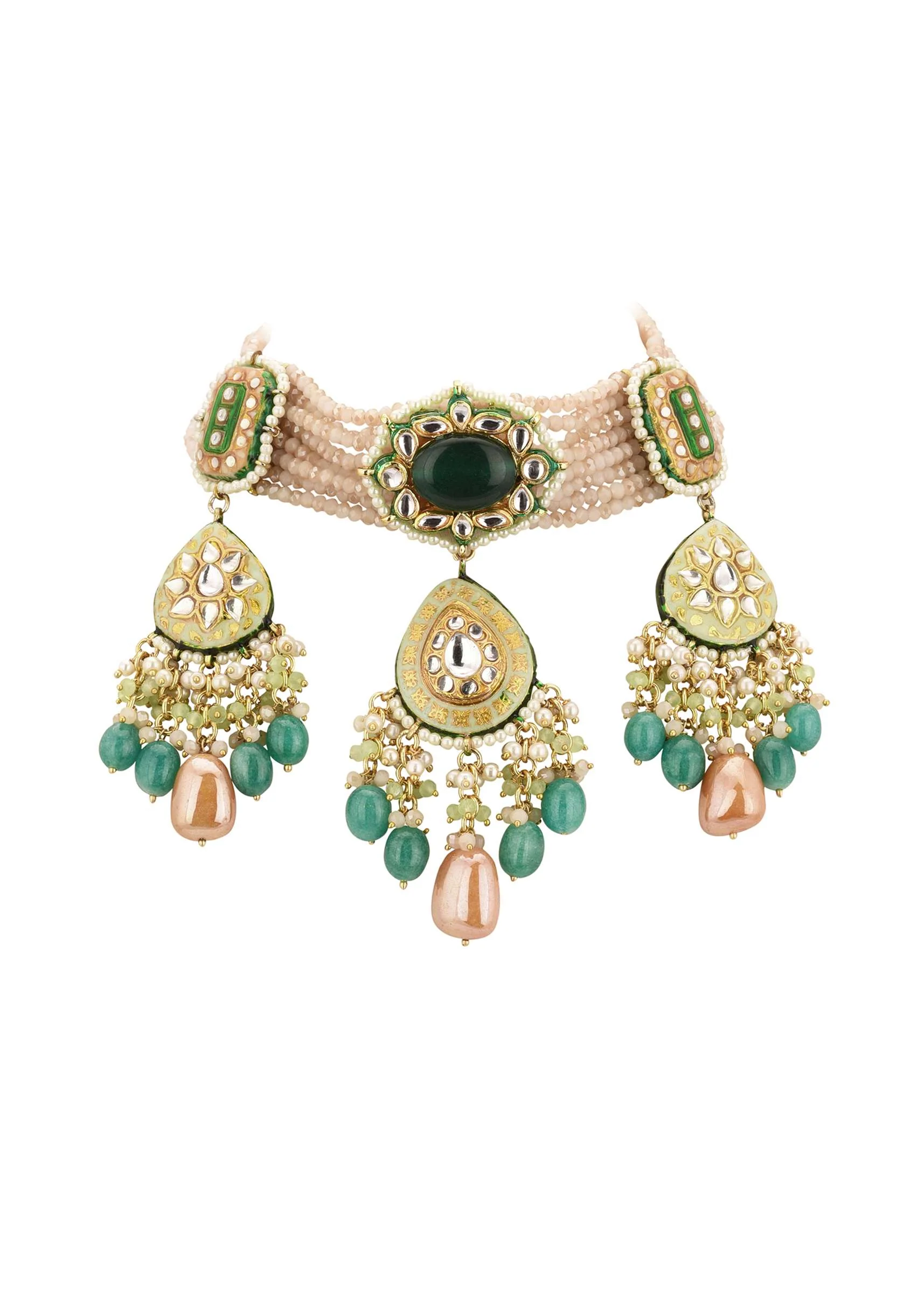 Multicolor Gold-Finish Kundan Choker Necklace Set With Colourful Meenakari Work And Drop-Stones In Mix Metal - Image 8