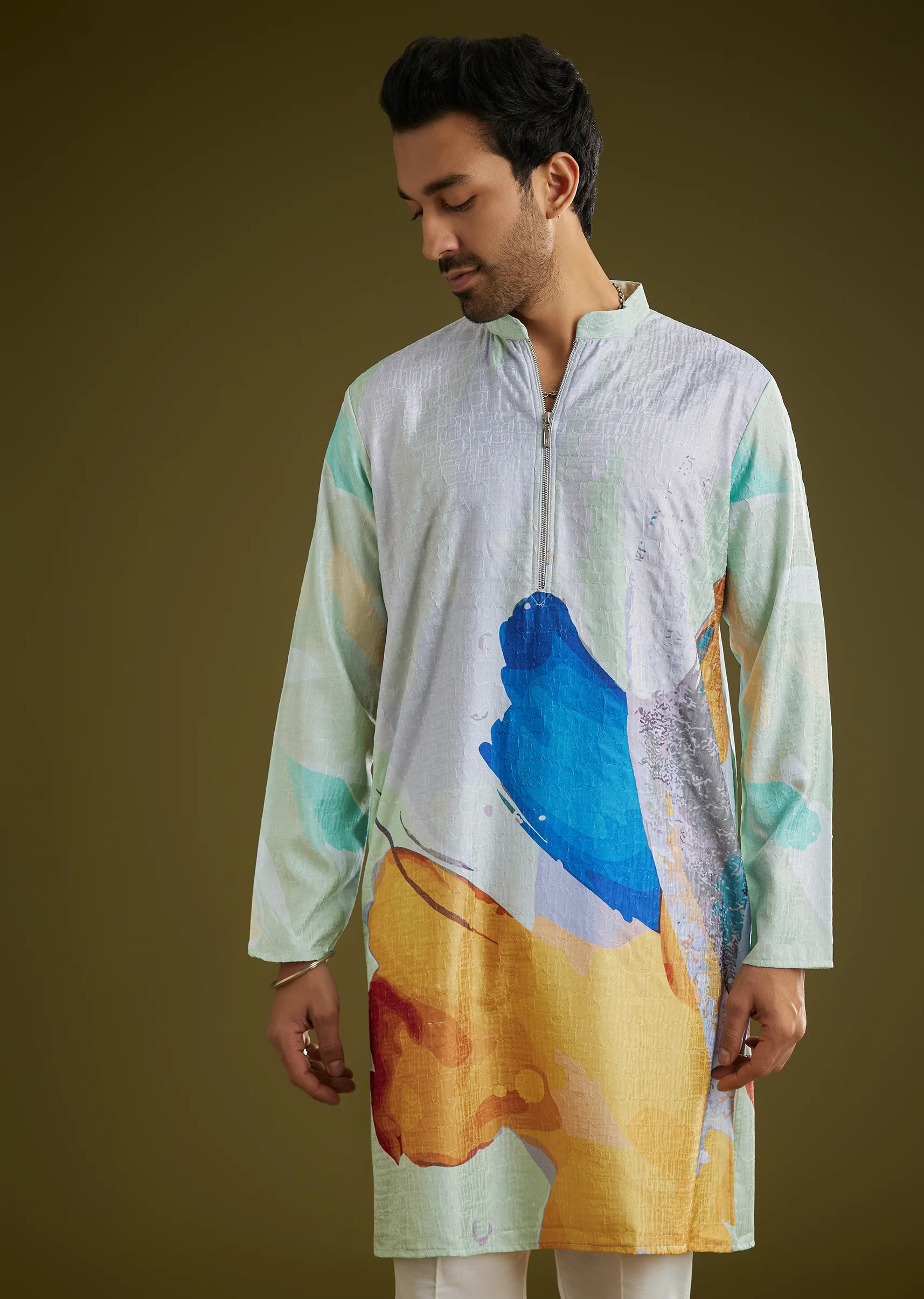 Multicolor Linen Abstract Printed Zipper Kurta Set - Image 4