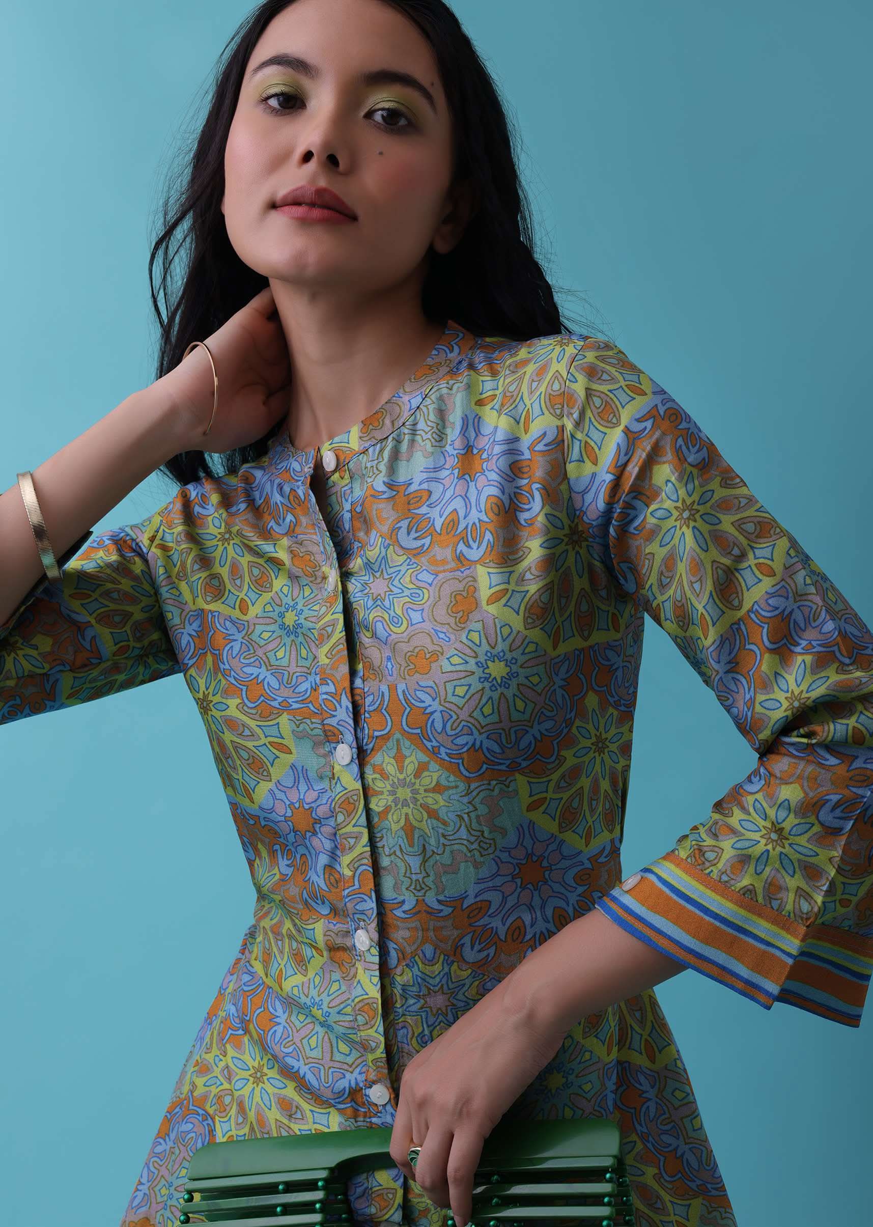 Multicolor Printed Co-ord Set In Chanderi Silk - RE By Kalki - Image 3