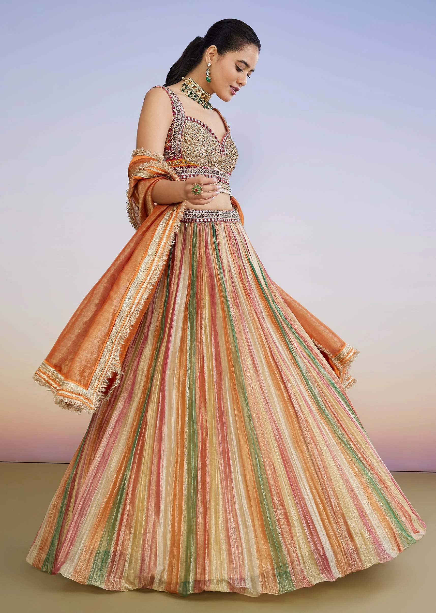 Multicolor Tissue Lehenga With Sequin Stonework Choli And Dupatta - Image 4