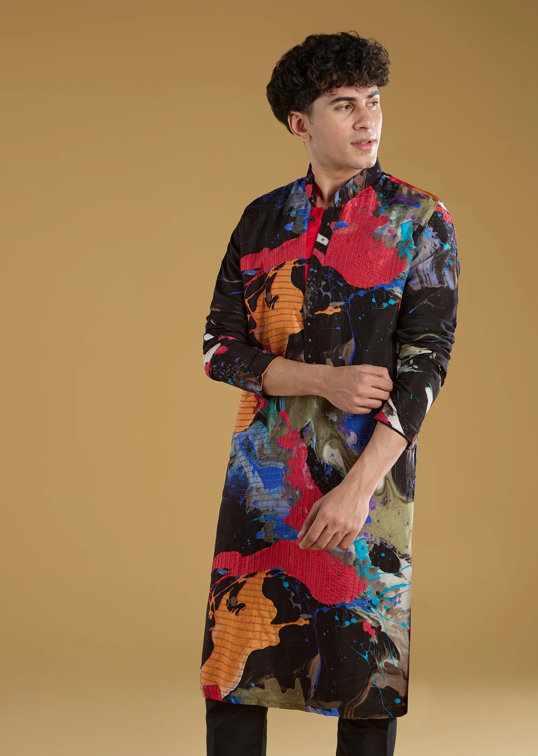 Multicolour Black Rawsilk Abstract Printed Kurta Set - Image 4