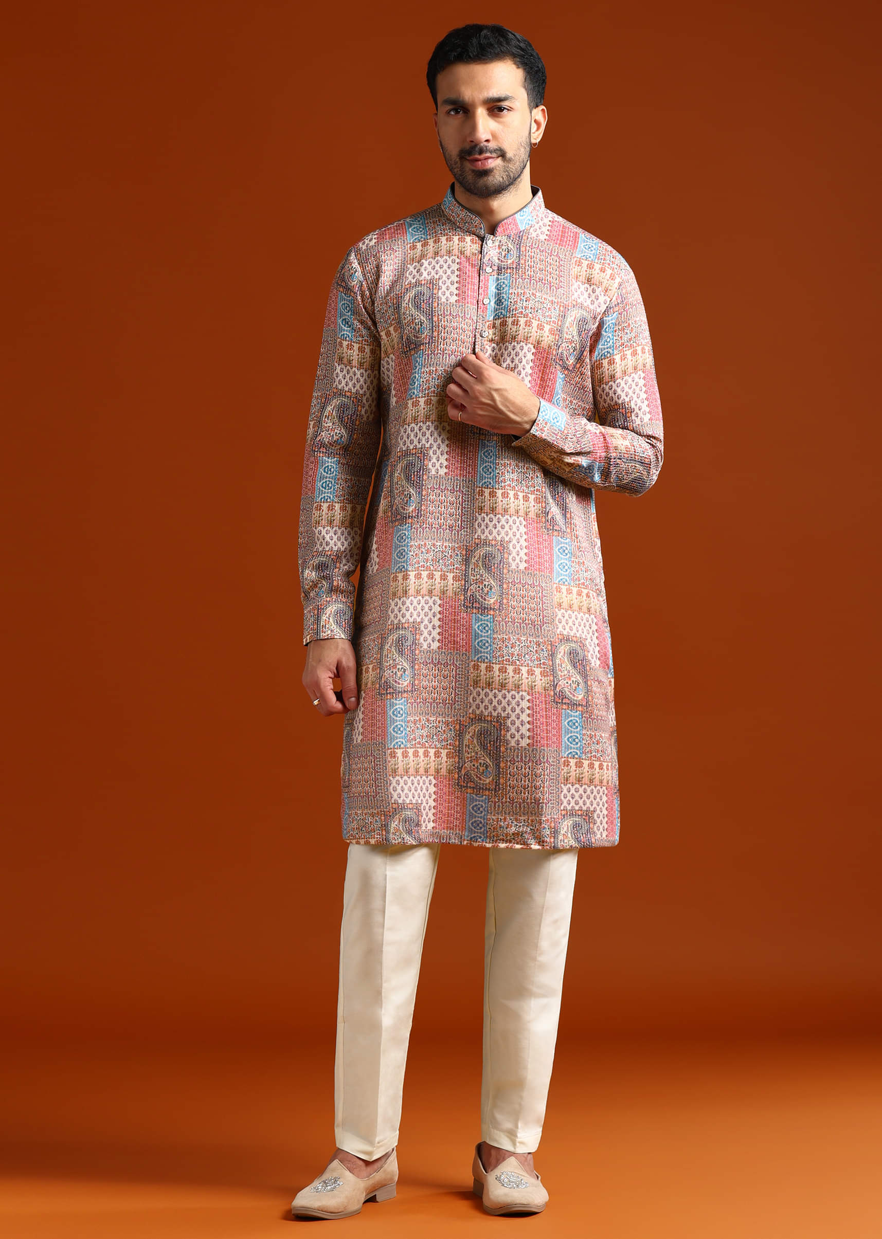 Multicolour Kurta Set For Men With Kantha Work