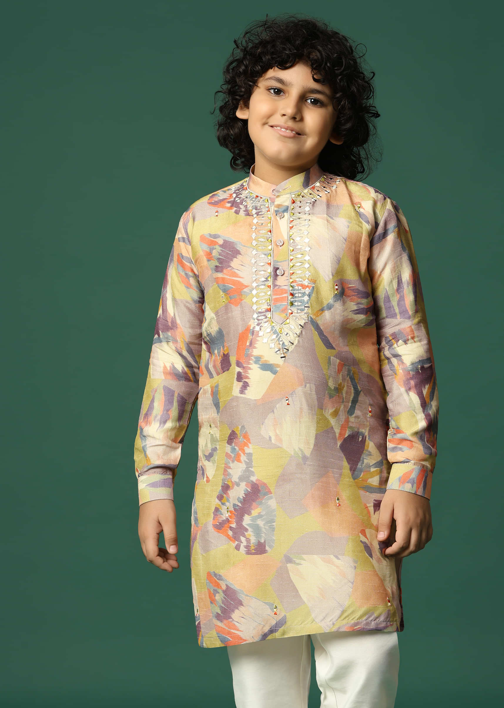 Multicolour Printed Silk Kurta Pant For Boys - Image 2