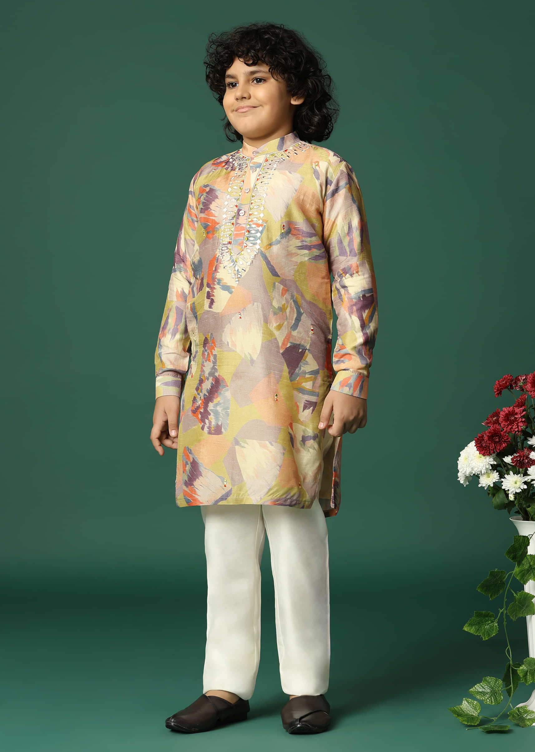 Multicolour Printed Silk Kurta Pant For Boys - Image 3