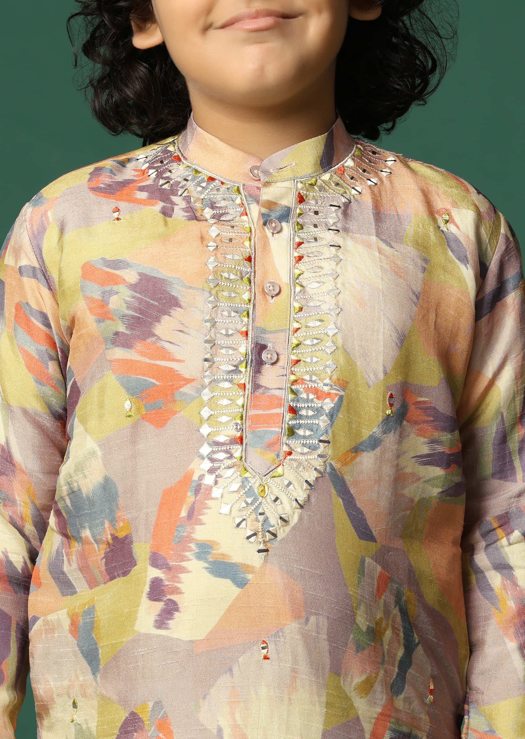 Multicolour Printed Silk Kurta Pant For Boys - Image 4