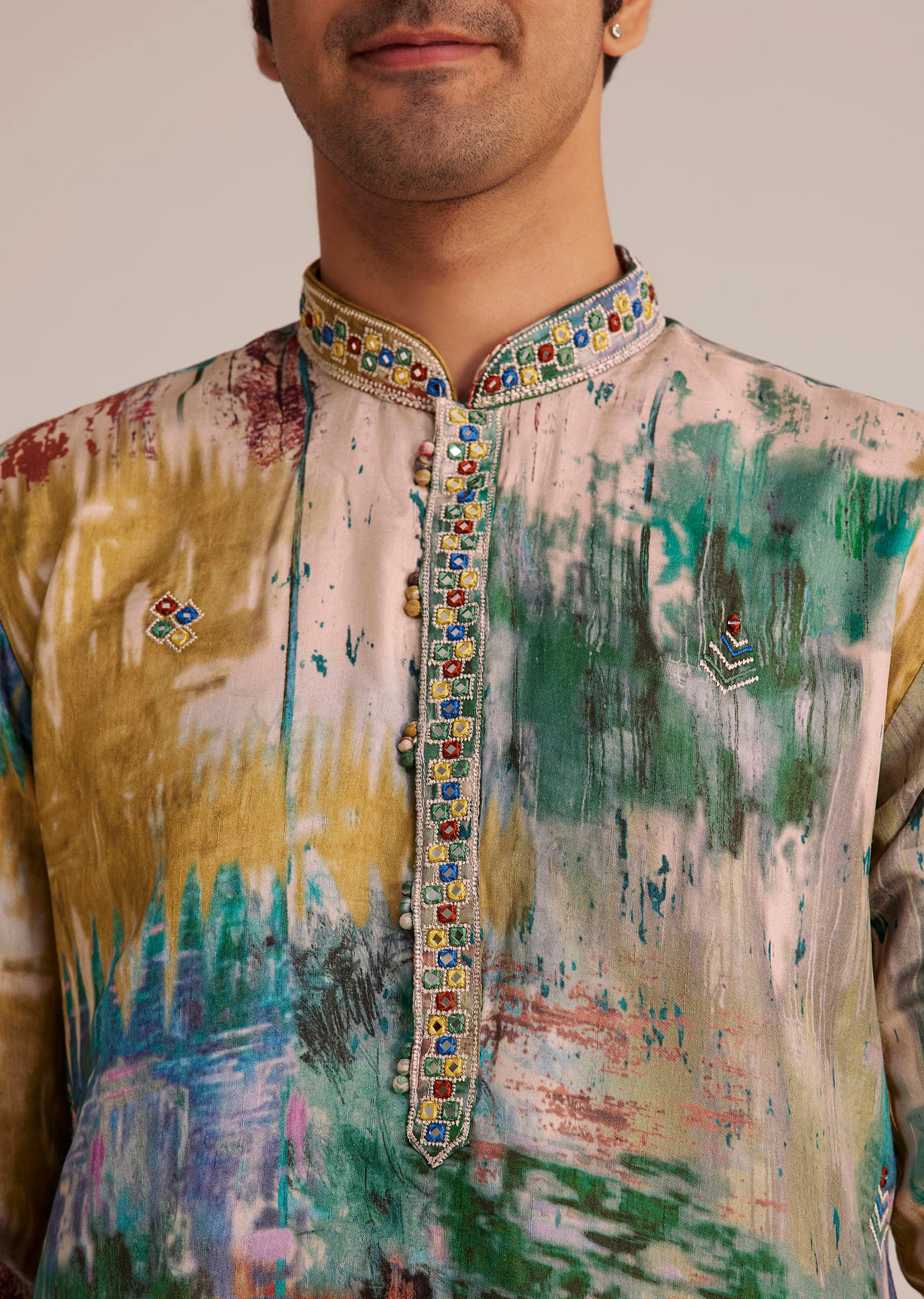 Multicolour Printed Silk Kurta Set - Image 2