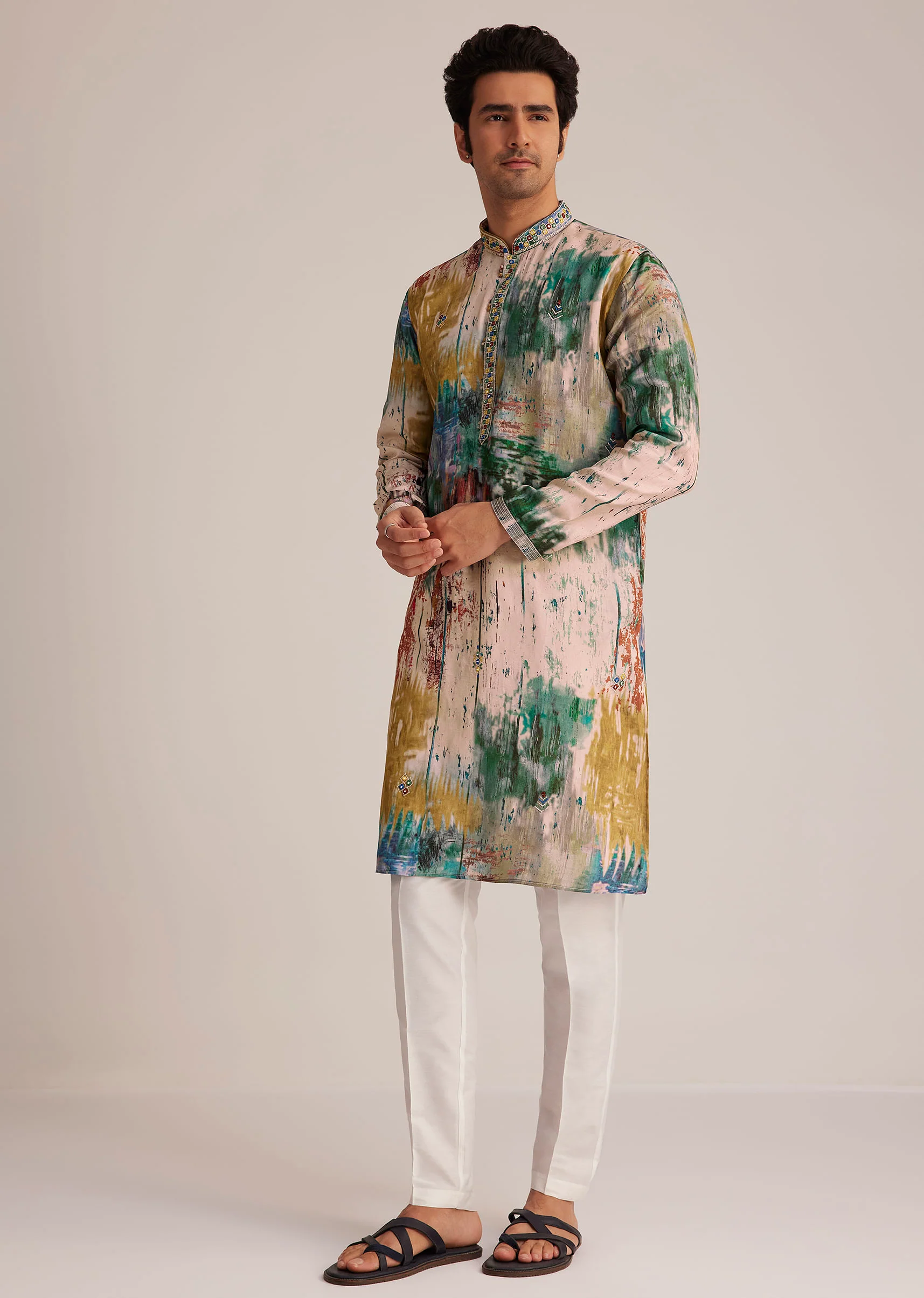 Multicolour Printed Silk Kurta Set - Image 3
