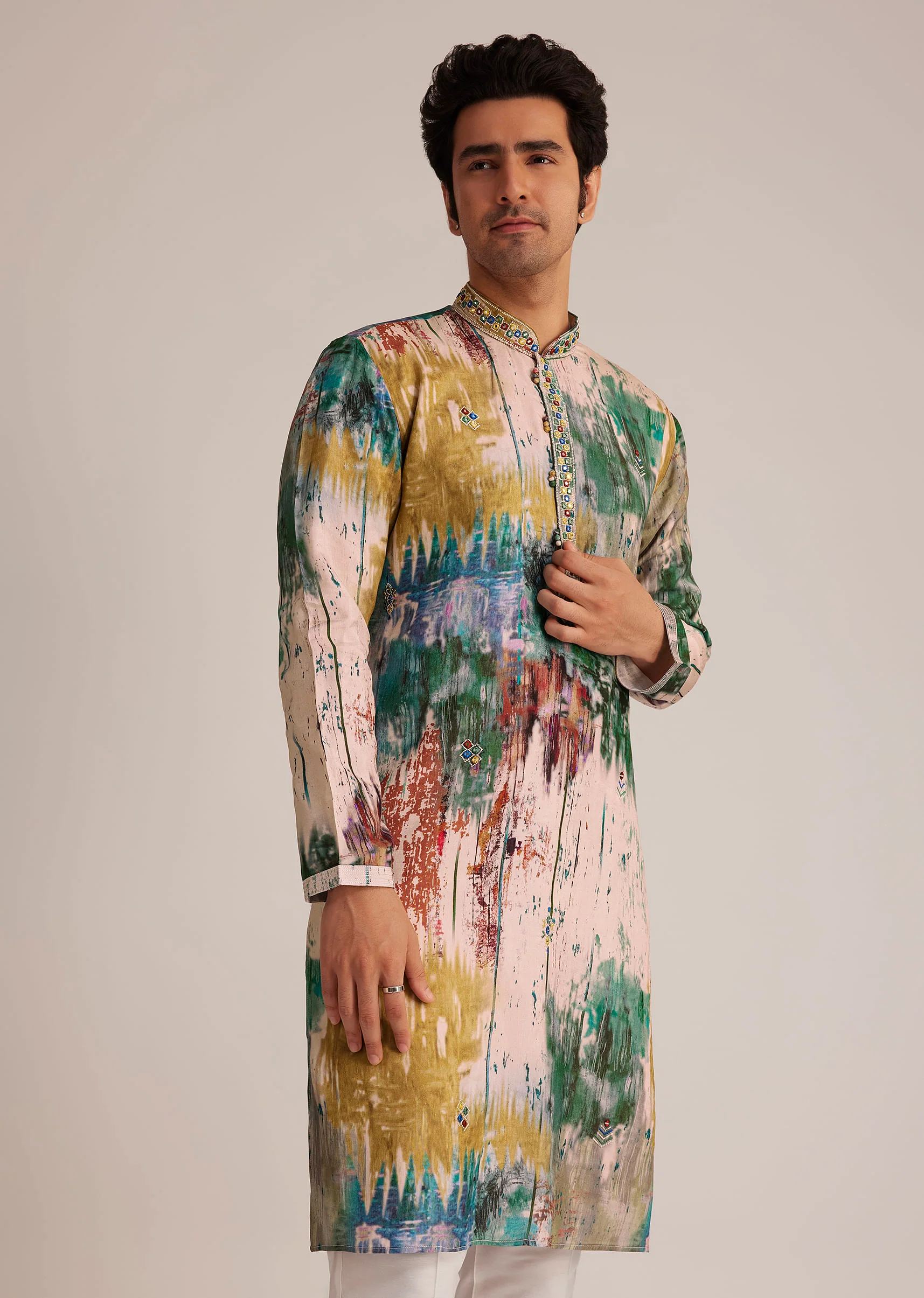 Multicolour Printed Silk Kurta Set - Image 4