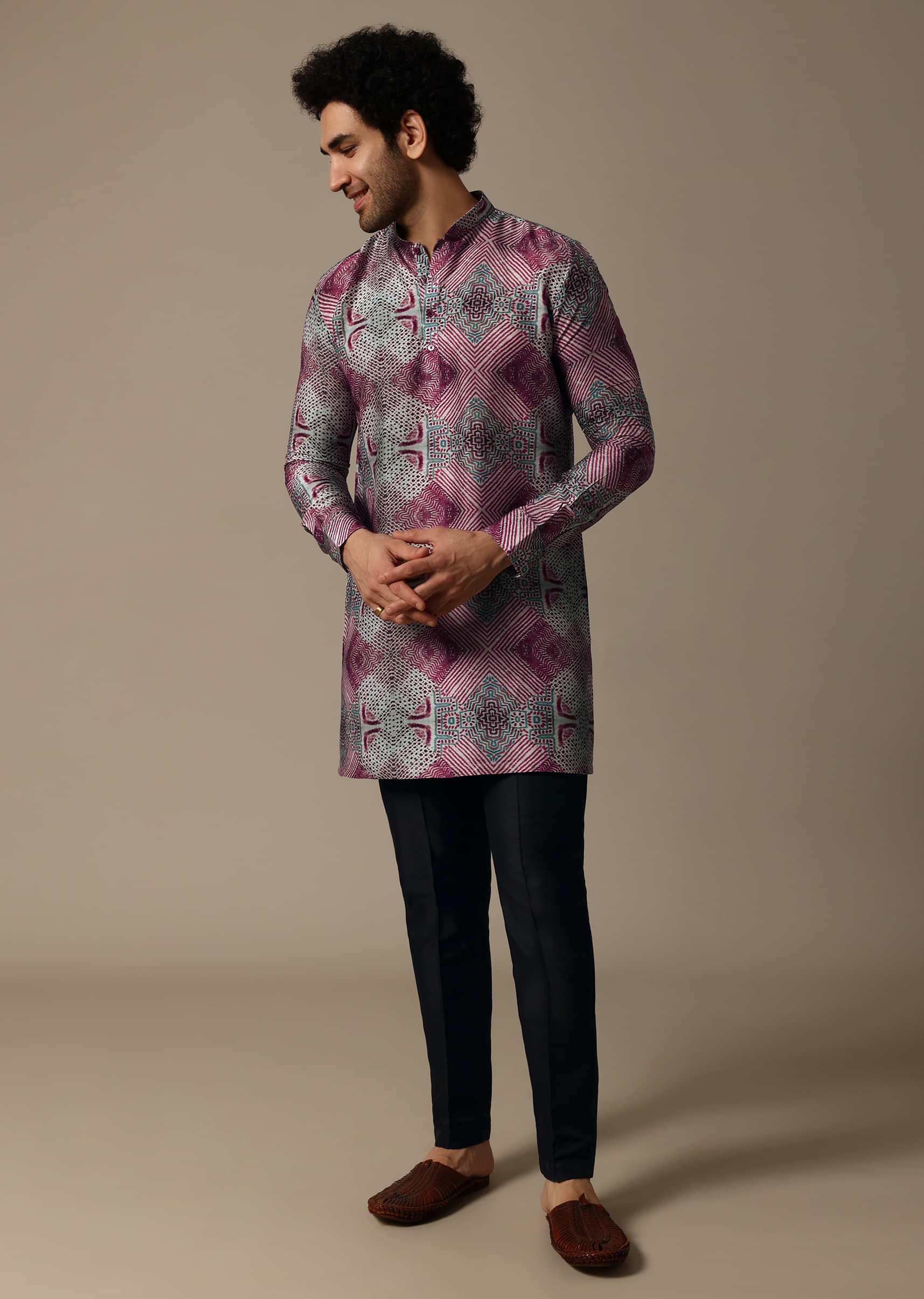 Multicolour Printed Silk Short Kurta Set For Men - Image 3
