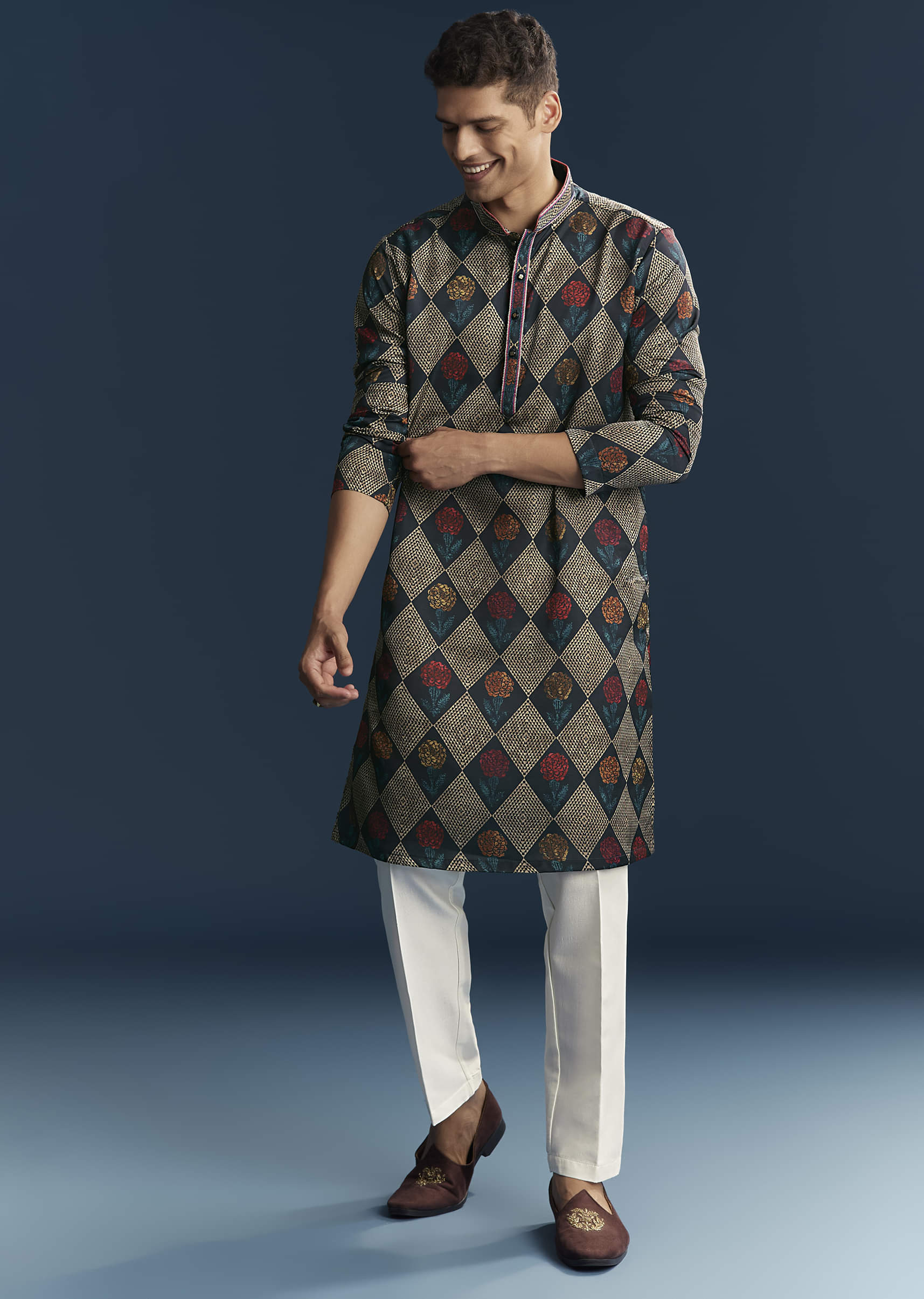Multicolour Silk Kurta For Men With Geometric And Floral Print - Image 3
