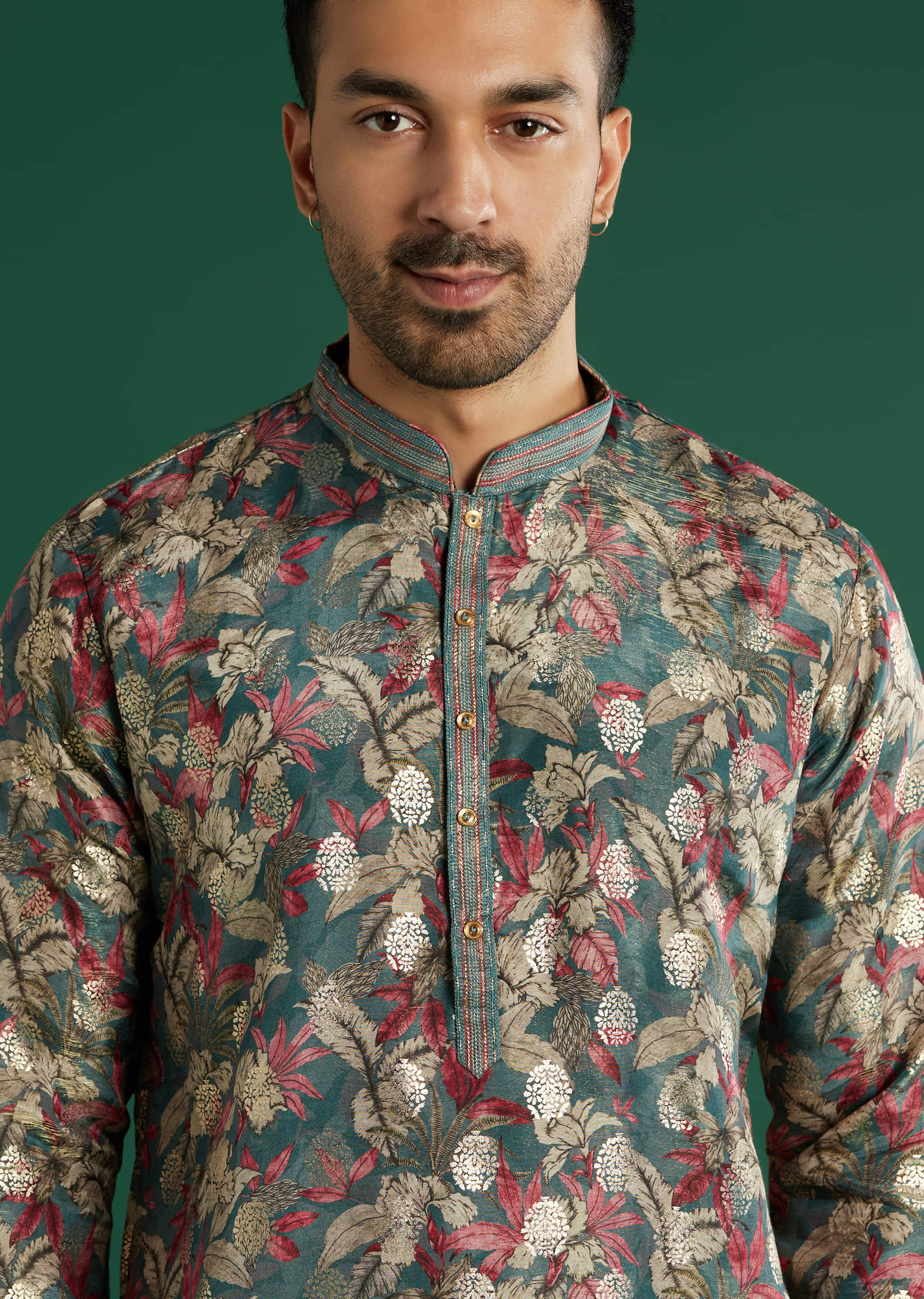 Multicolour Silk Kurta Set For Men With Floral Motif Print - Image 2