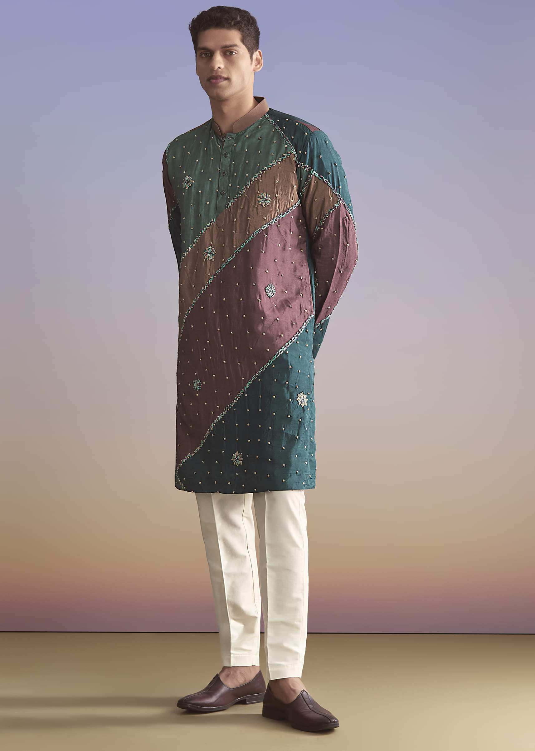 Multicolour Silk Kurta Set For Men With Intricate Resham Work - Image 3
