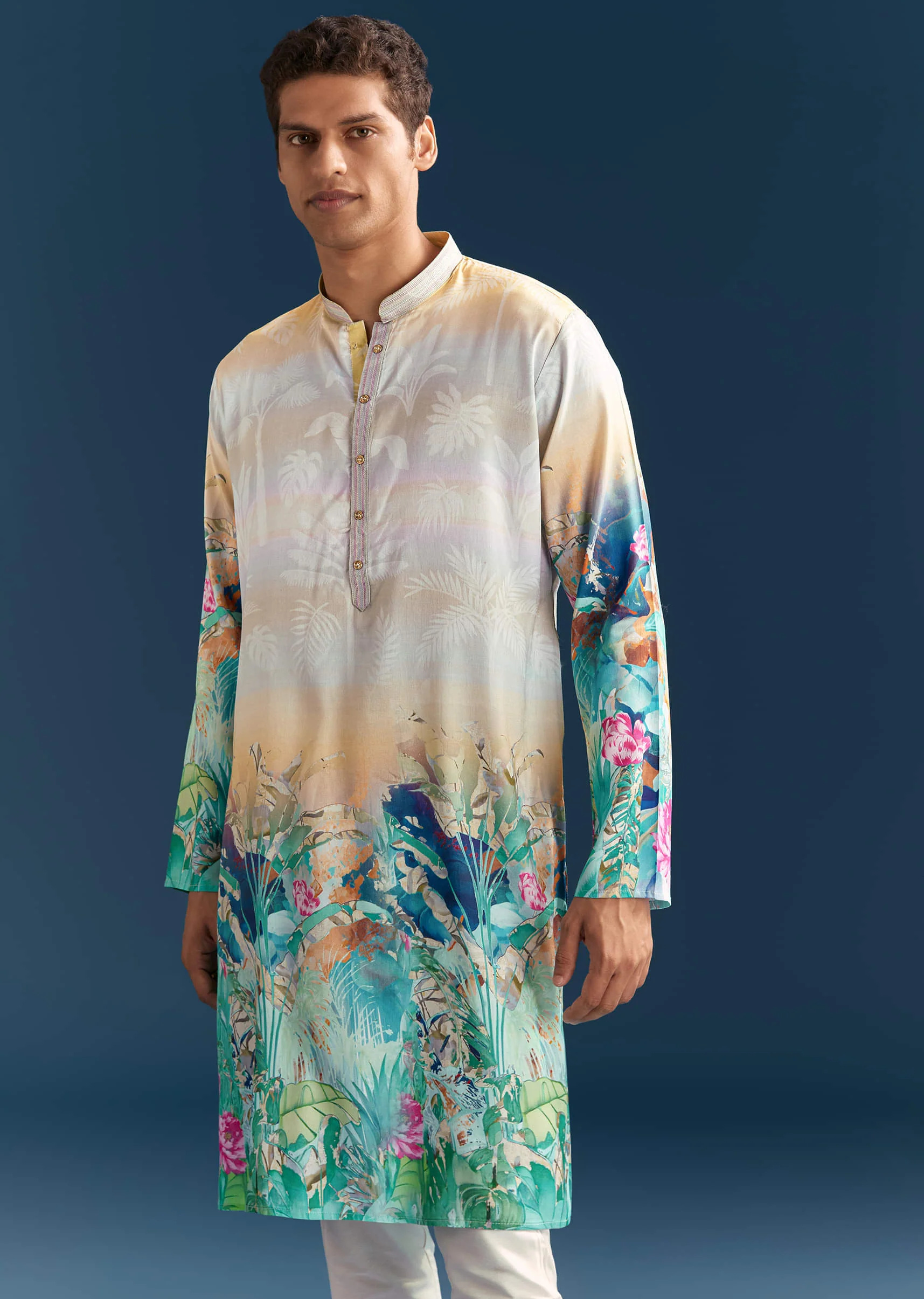 Multicolour Silk Kurta Set For Men With Ombre Print - Image 4