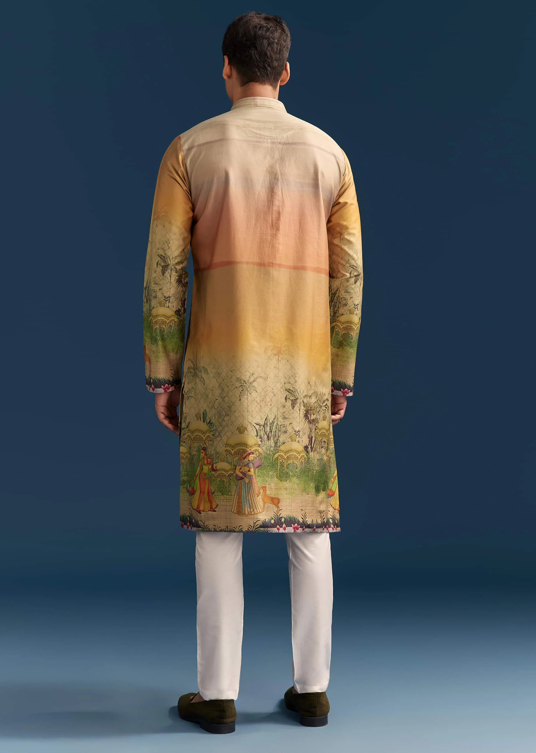 Multicolour Silk Kurta Set For Men With Pichwai Print - Image 5