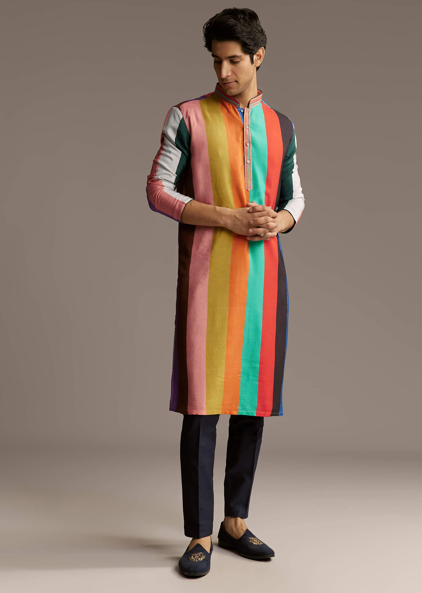Multicolour Silk Kurta Set For Men With Stripe Print - Image 3