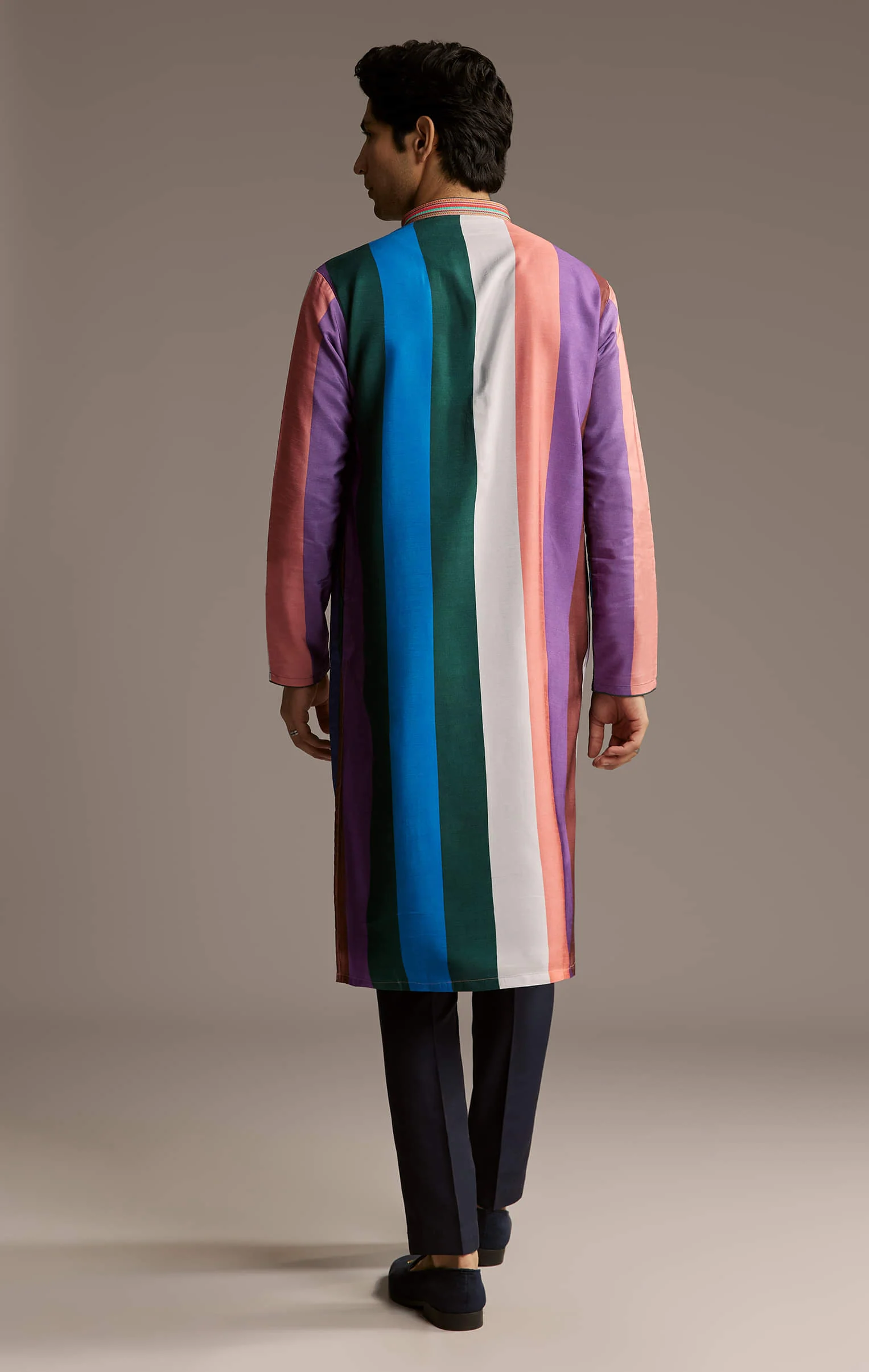 Multicolour Silk Kurta Set For Men With Stripe Print - Image 5