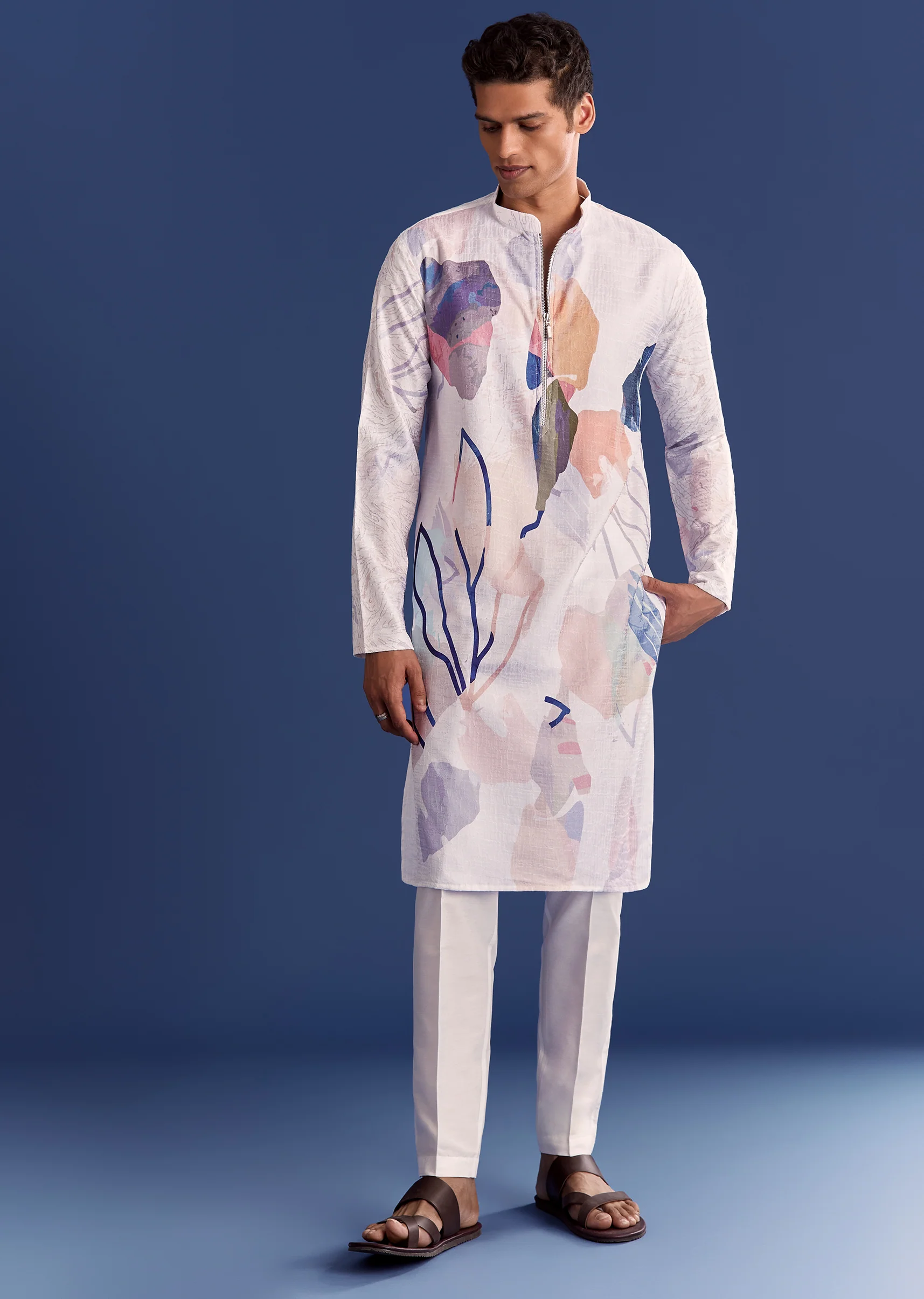 Multicolour Silk Kurta Set With Abstract Print