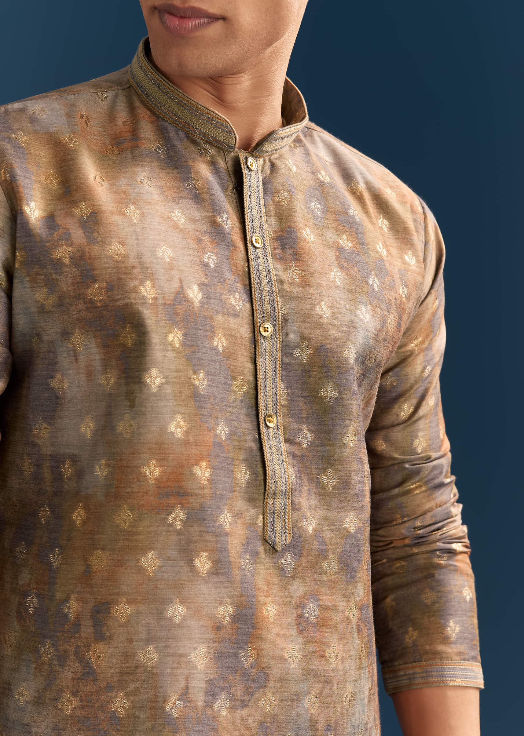Multicolour Silk Printed Kurta Set For Men With Foil Butti Work - Image 2