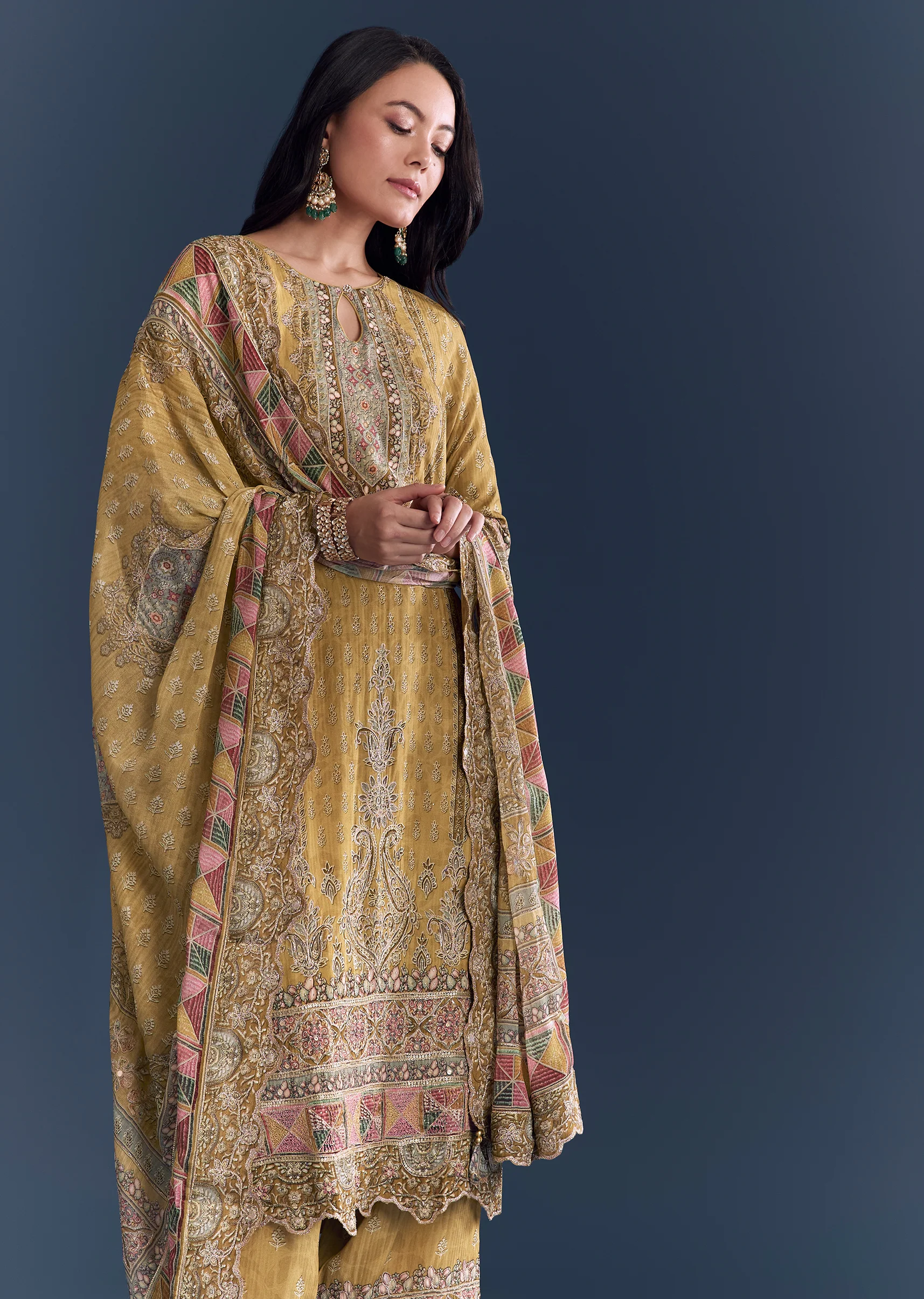Mustard Ajrakh Cultural Pair – Indie Print Zari Kurta Set For Her And Yellow Linen Ajrakh Kurta Set For Him - Image 4
