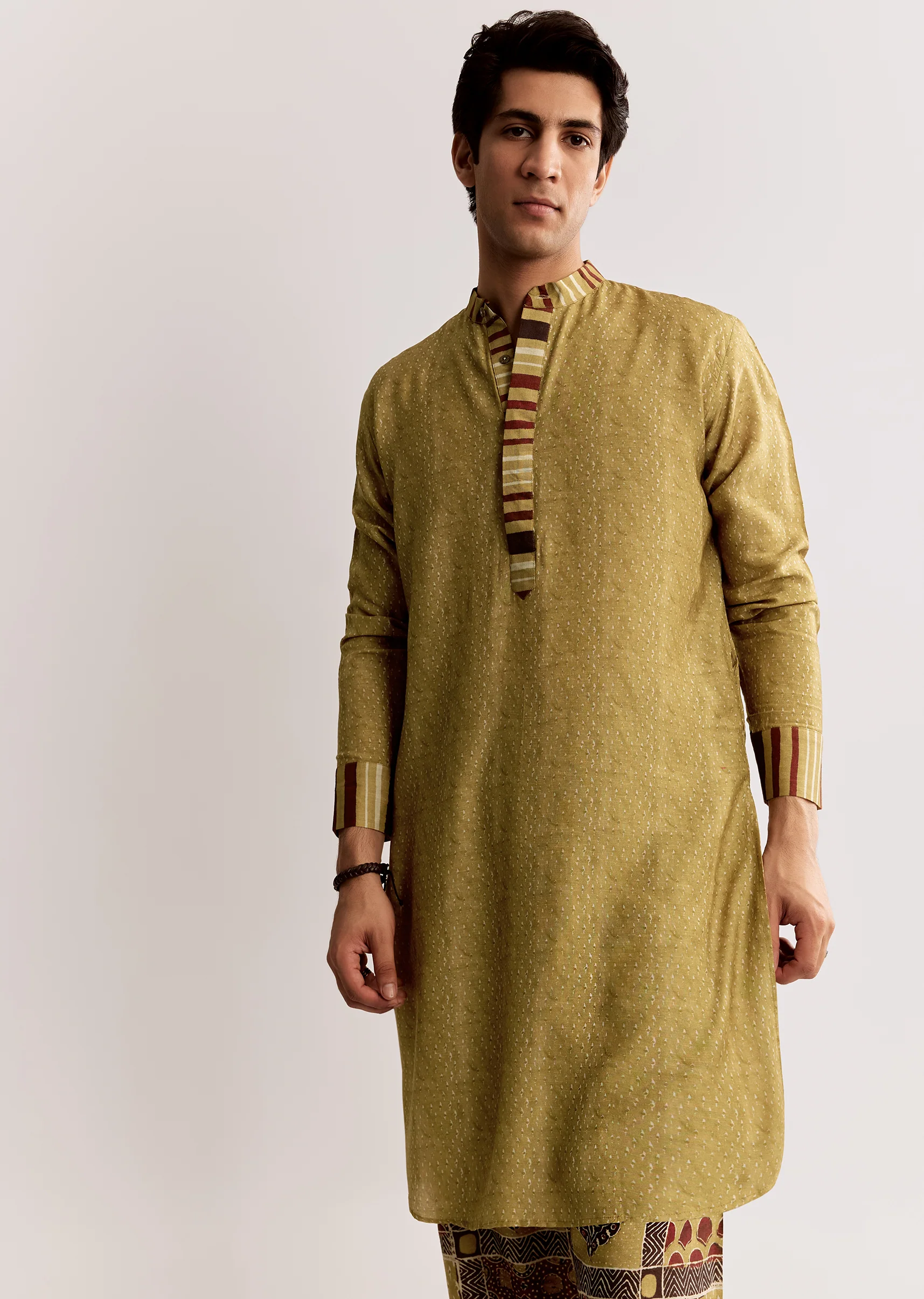 Mustard Ajrakh Cultural Pair – Indie Print Zari Kurta Set For Her And Yellow Linen Ajrakh Kurta Set For Him - Image 9