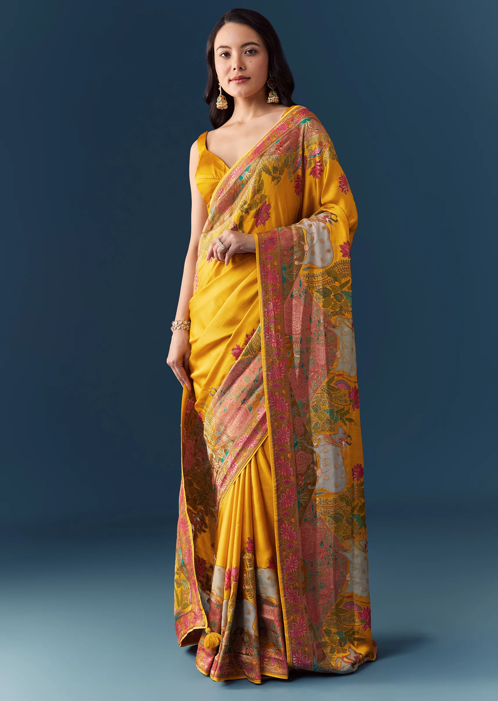 Mustard Banarasi Silk Woven Saree with Unstitched Blouse - Image 3