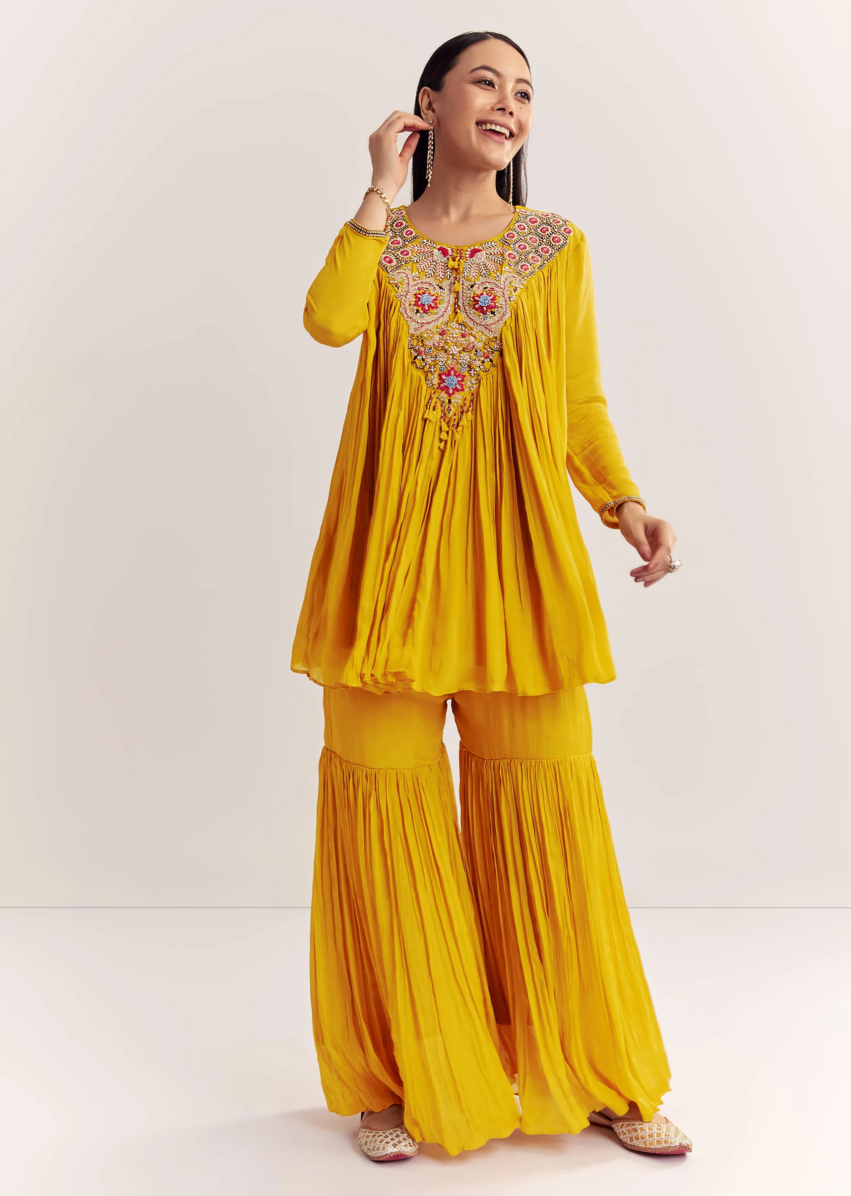 Mustard Chinon Flared Kurta With Thread Work