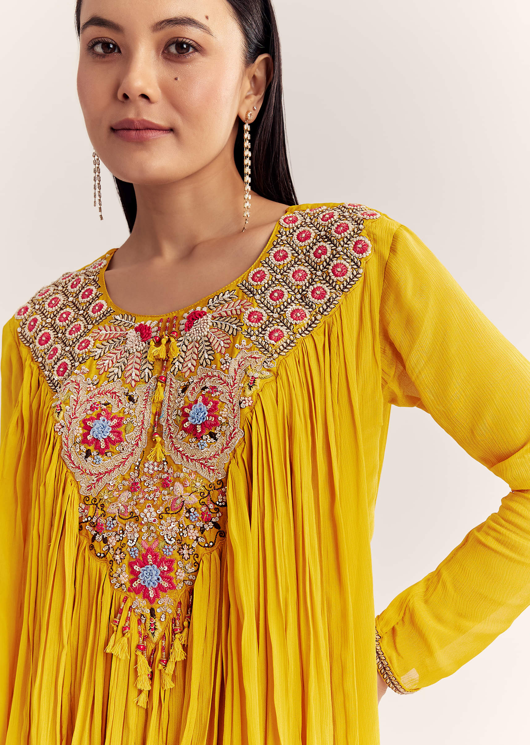 Mustard Chinon Flared Kurta With Thread Work - Image 2