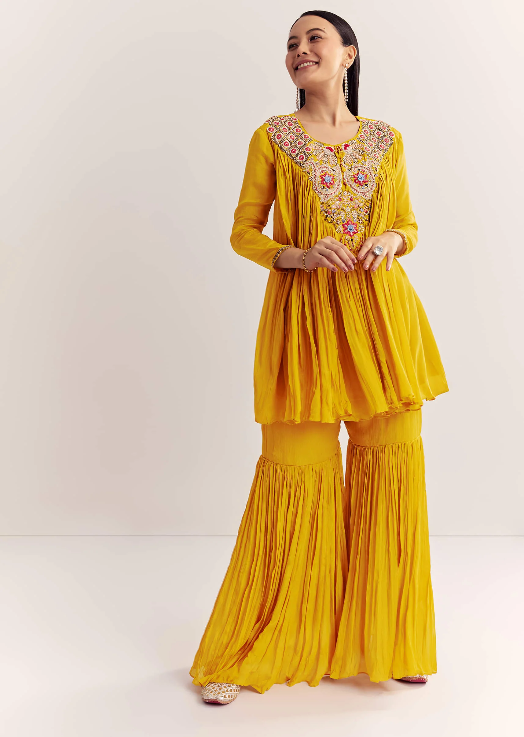 Mustard Chinon Flared Kurta With Thread Work - Image 3