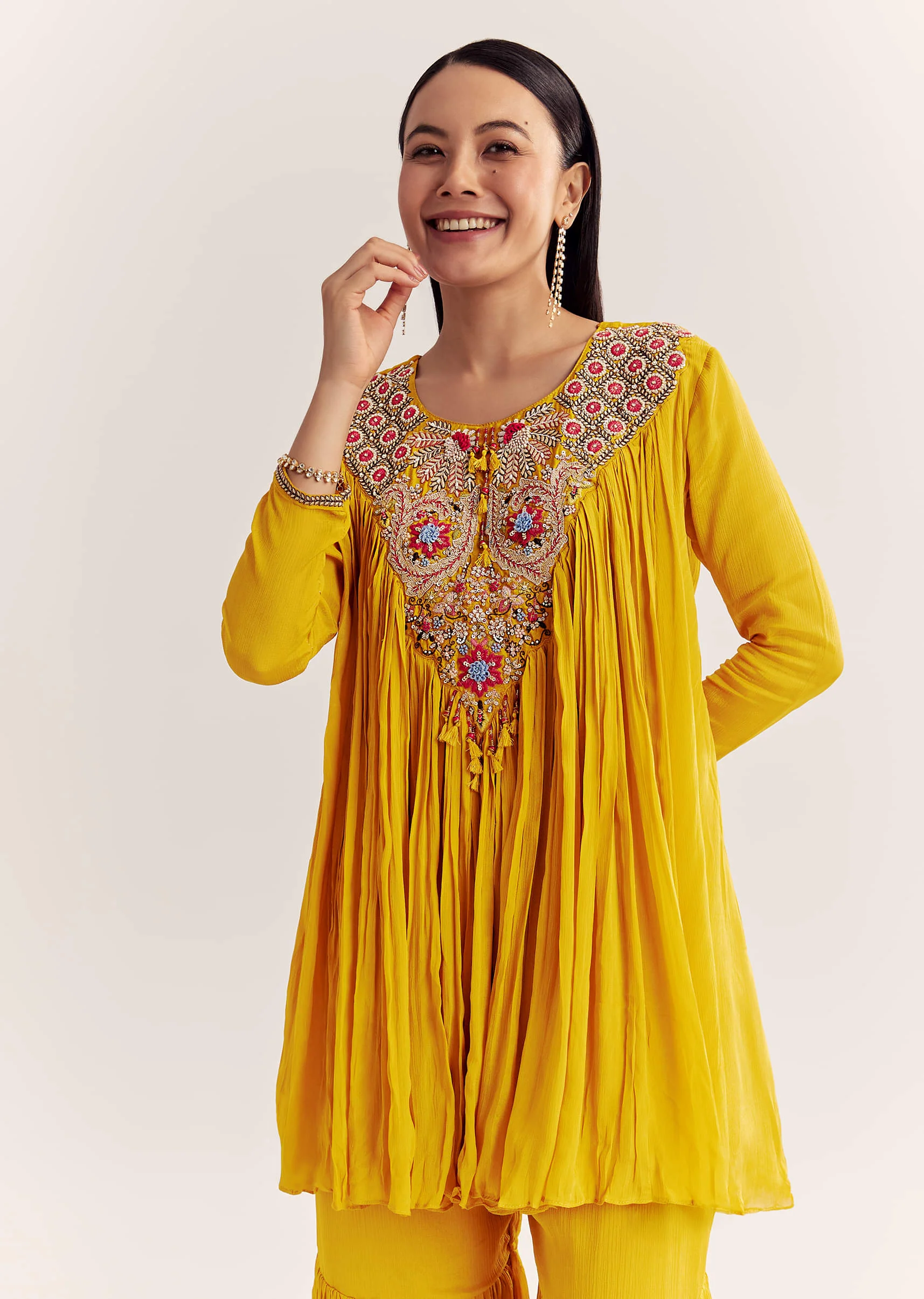 Mustard Chinon Flared Kurta With Thread Work - Image 4