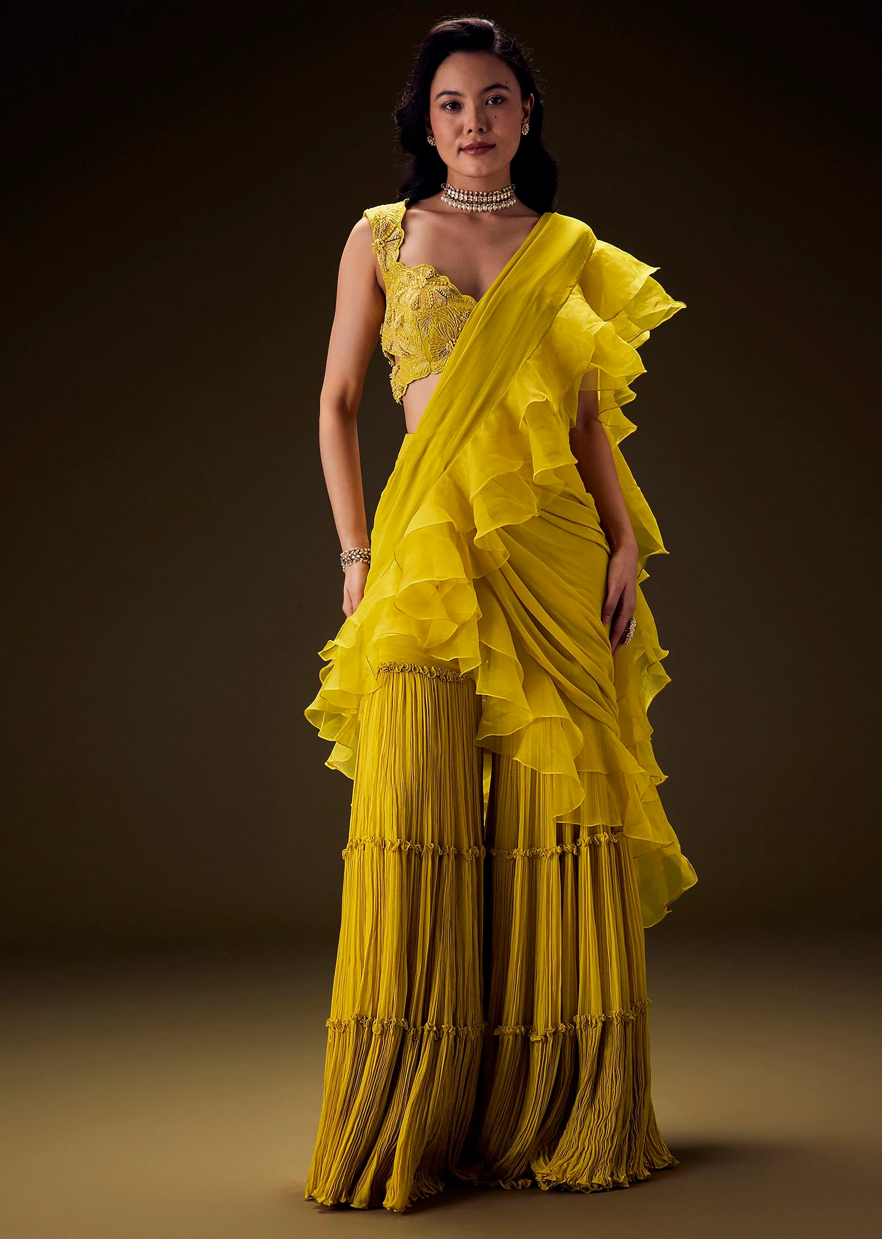 Mustard Embossed Embroidery Sweetheart Neckline Blouse With Tiered Sharara With Drape