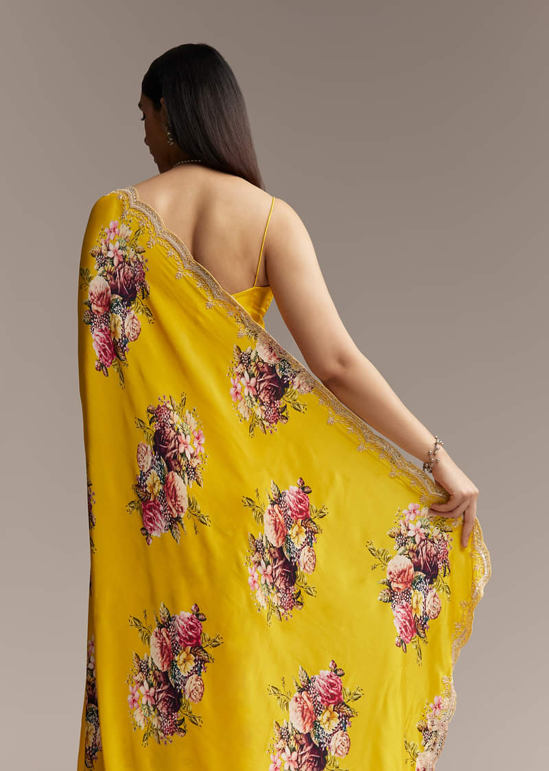 Mustard Floral Crepe Saree With Embroidered Scallop Border - Image 4