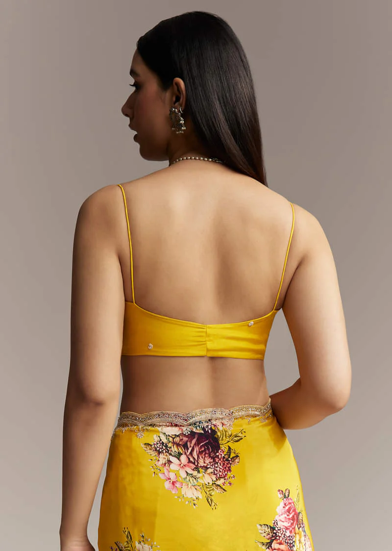 Mustard Floral Crepe Saree With Embroidered Scallop Border - Image 8