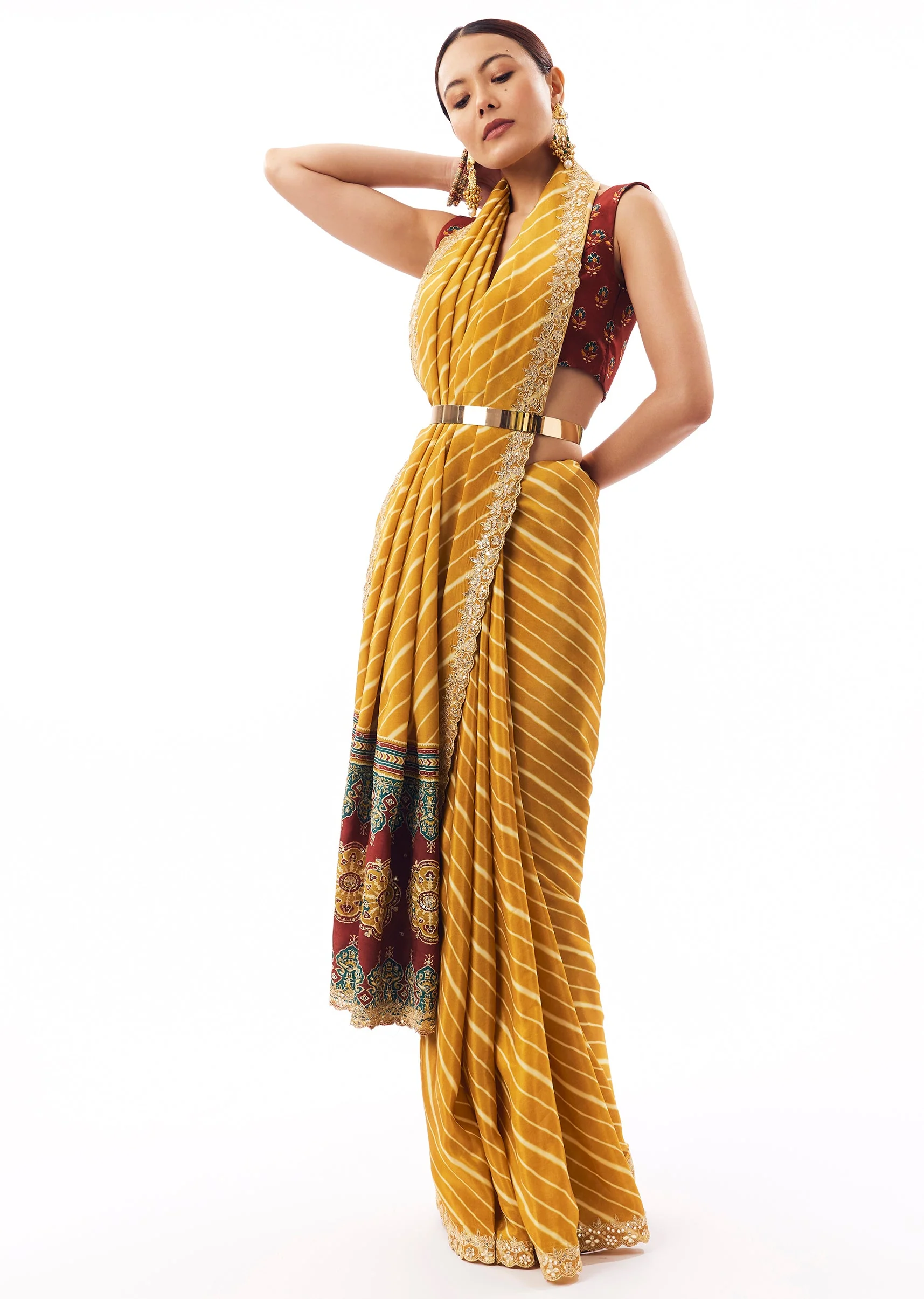 Mustard Lehariya Crepe Saree With Scalloped Gotta Work Border