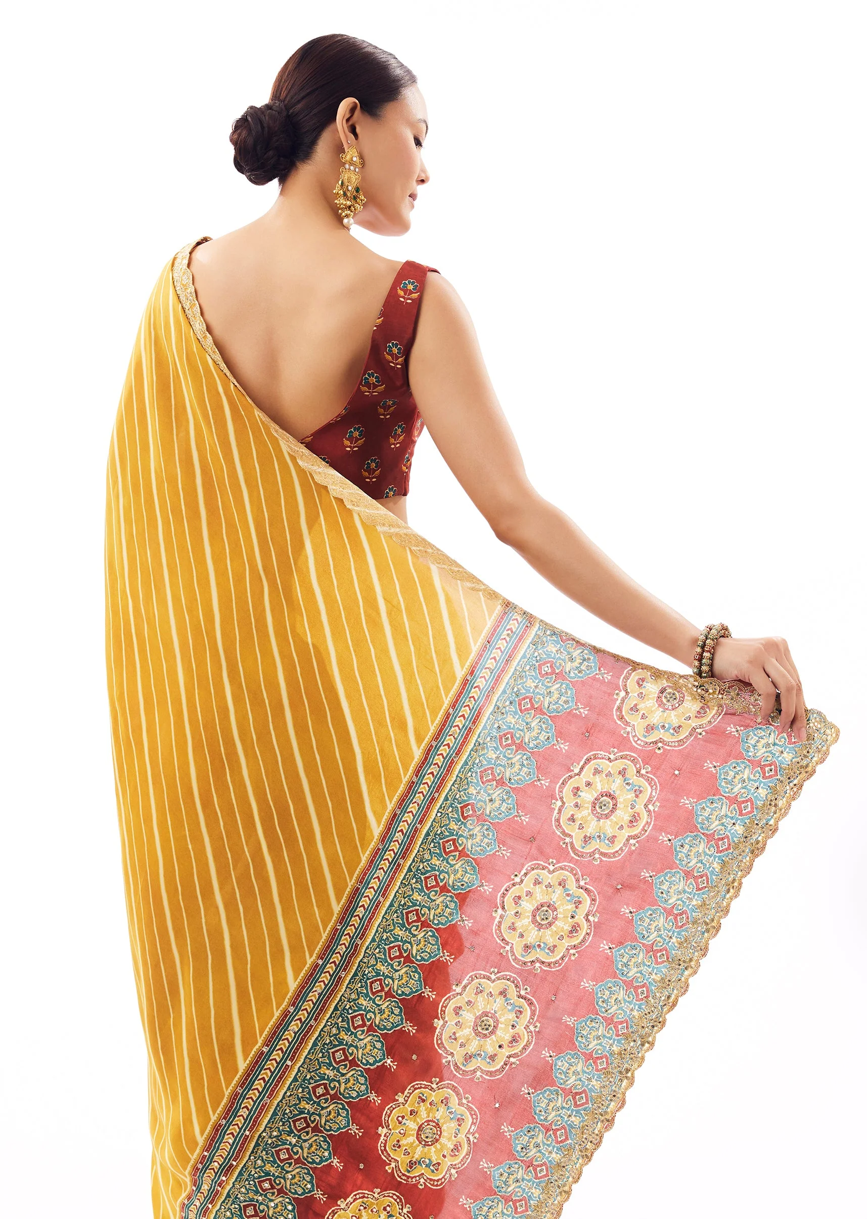 Mustard Lehariya Crepe Saree With Scalloped Gotta Work Border - Image 6