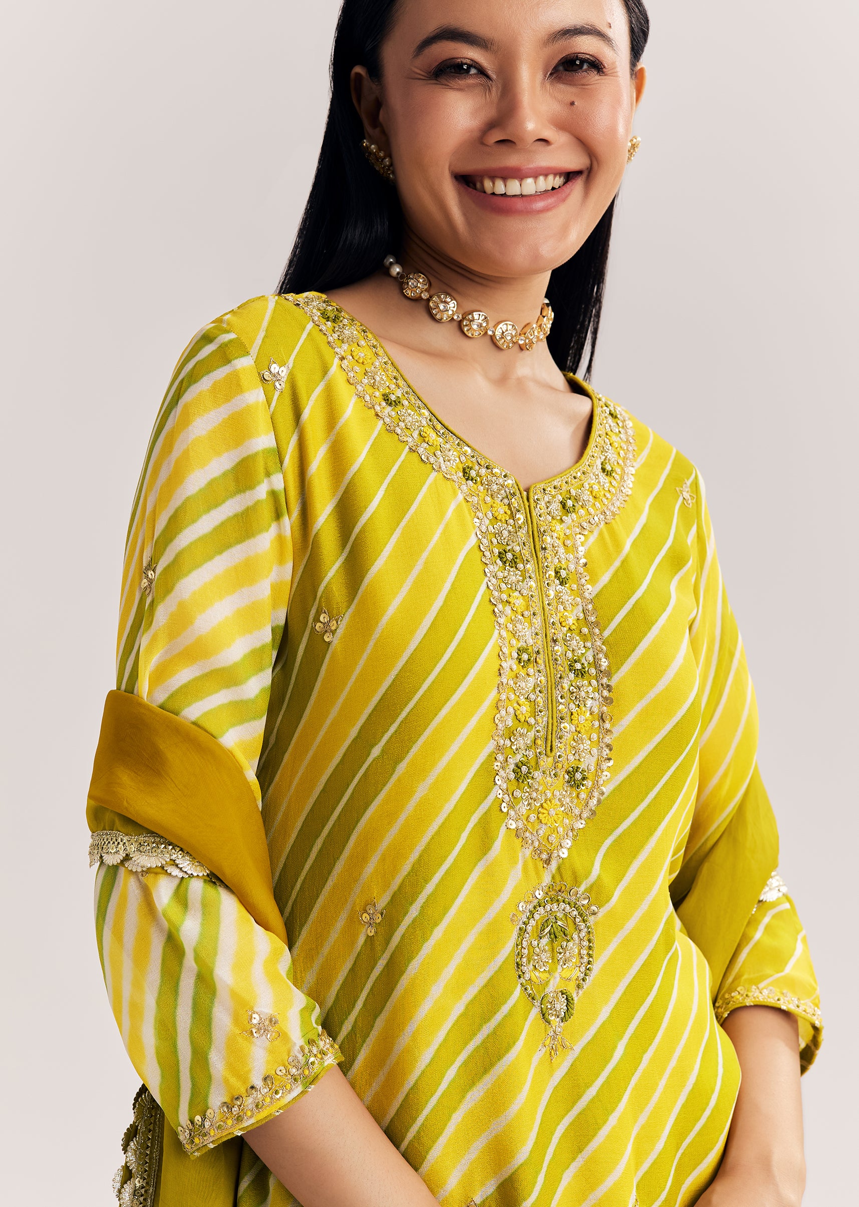 Mustard Leheriya Kurta Palazzo Suit With Cutdana And Sequins Work - Image 2
