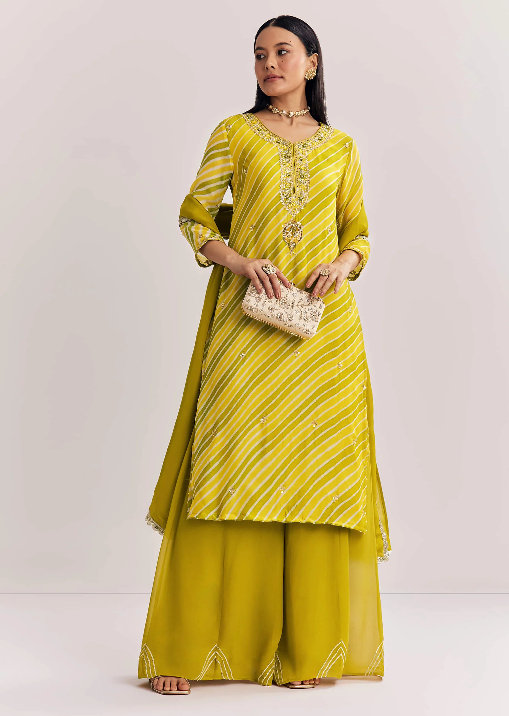 Mustard Leheriya Kurta Palazzo Suit With Cutdana And Sequins Work - Image 3
