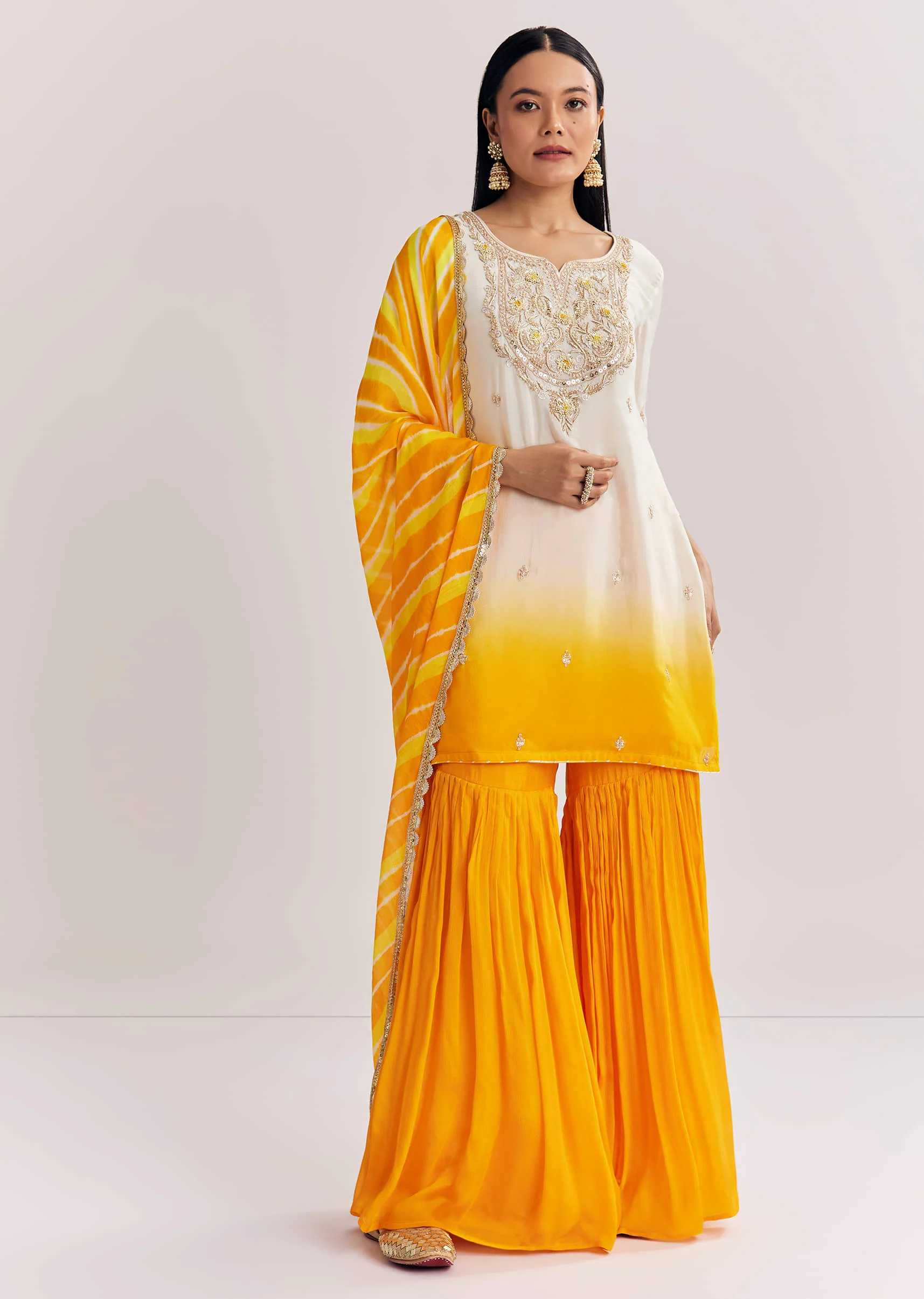 Mustard Ombre Leheriya Kurta Sharara Suit With Cutdana And Sequins Work - Image 3