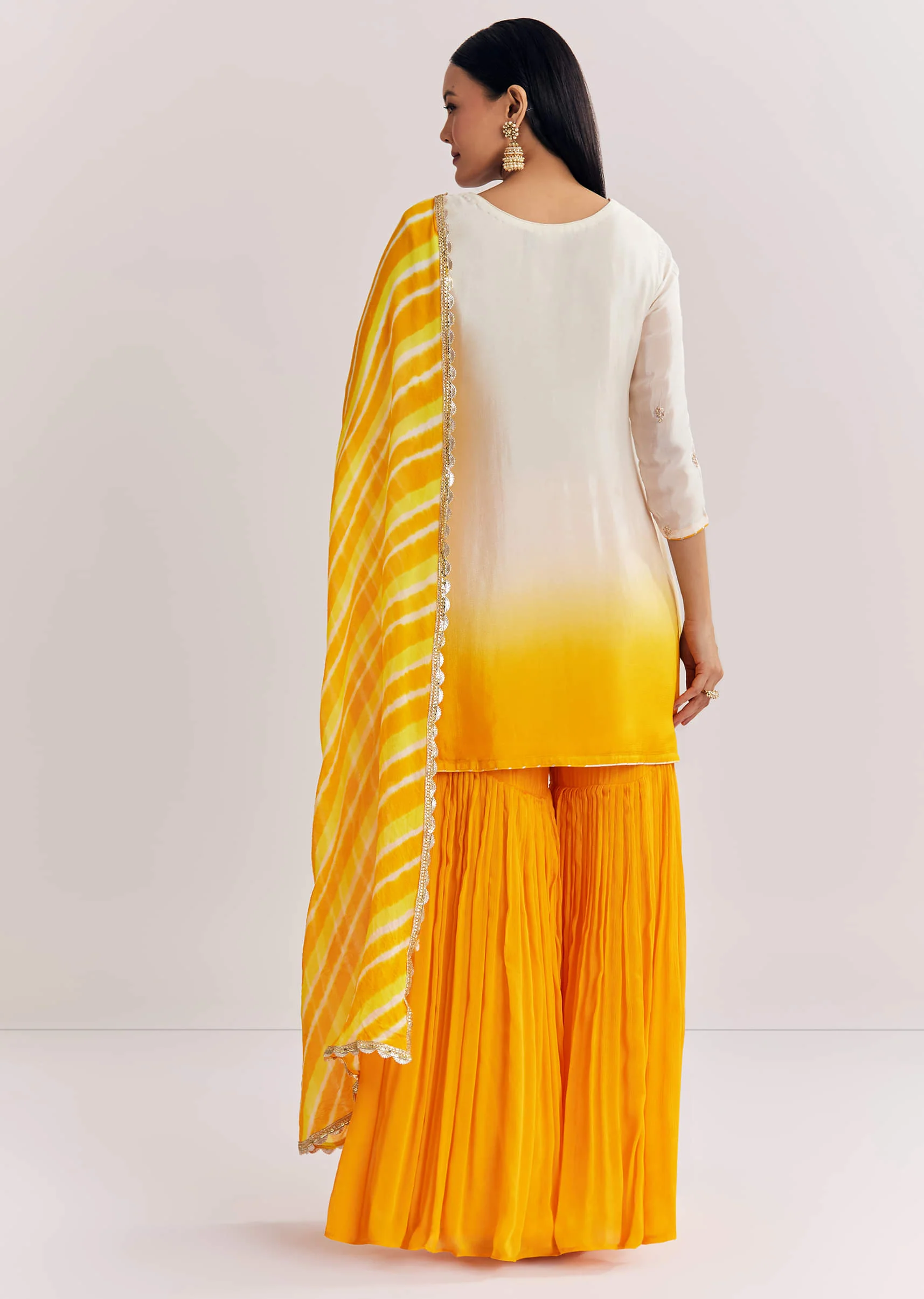 Mustard Ombre Leheriya Kurta Sharara Suit With Cutdana And Sequins Work - Image 5