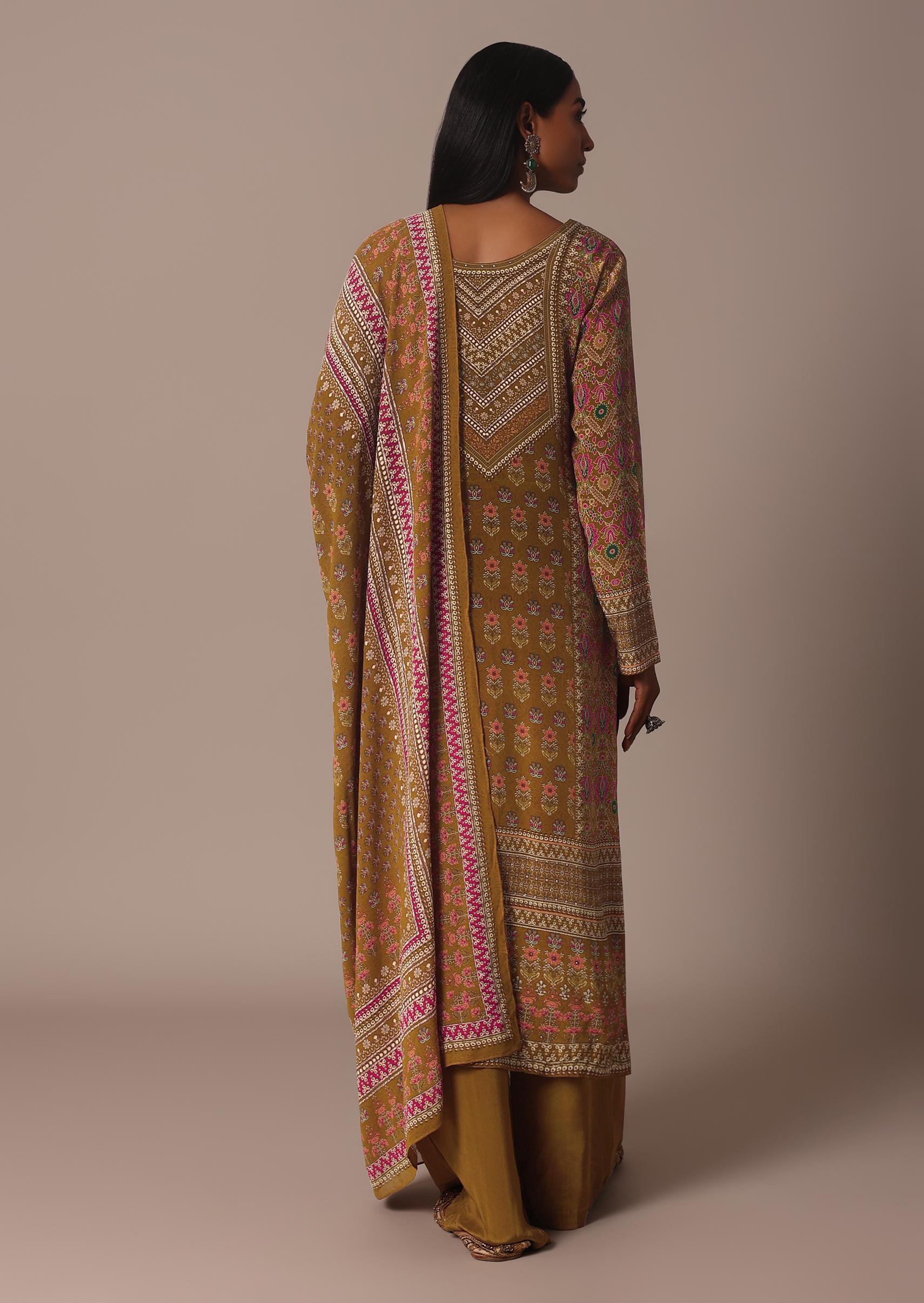 Mustard Printed Palazzo Set In Chiffon With Stone Work Kurta - Image 5