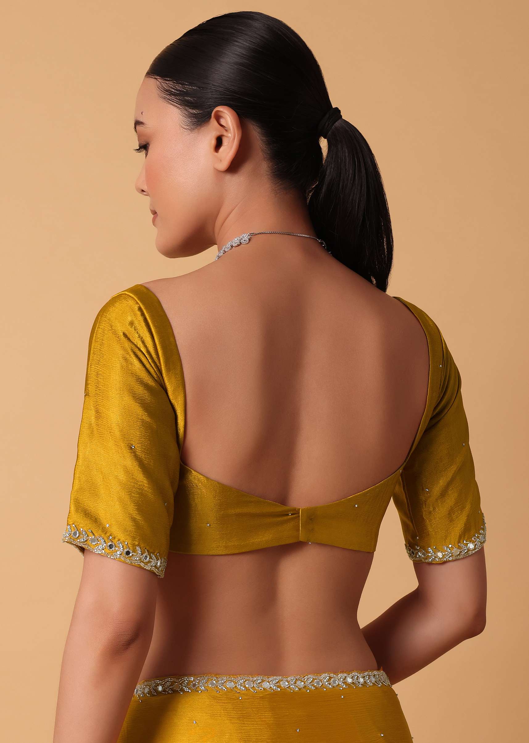 Mustard Satin Chinnon Saree With Mirror Detail Border And Unstitched Blouse Piece - Image 8