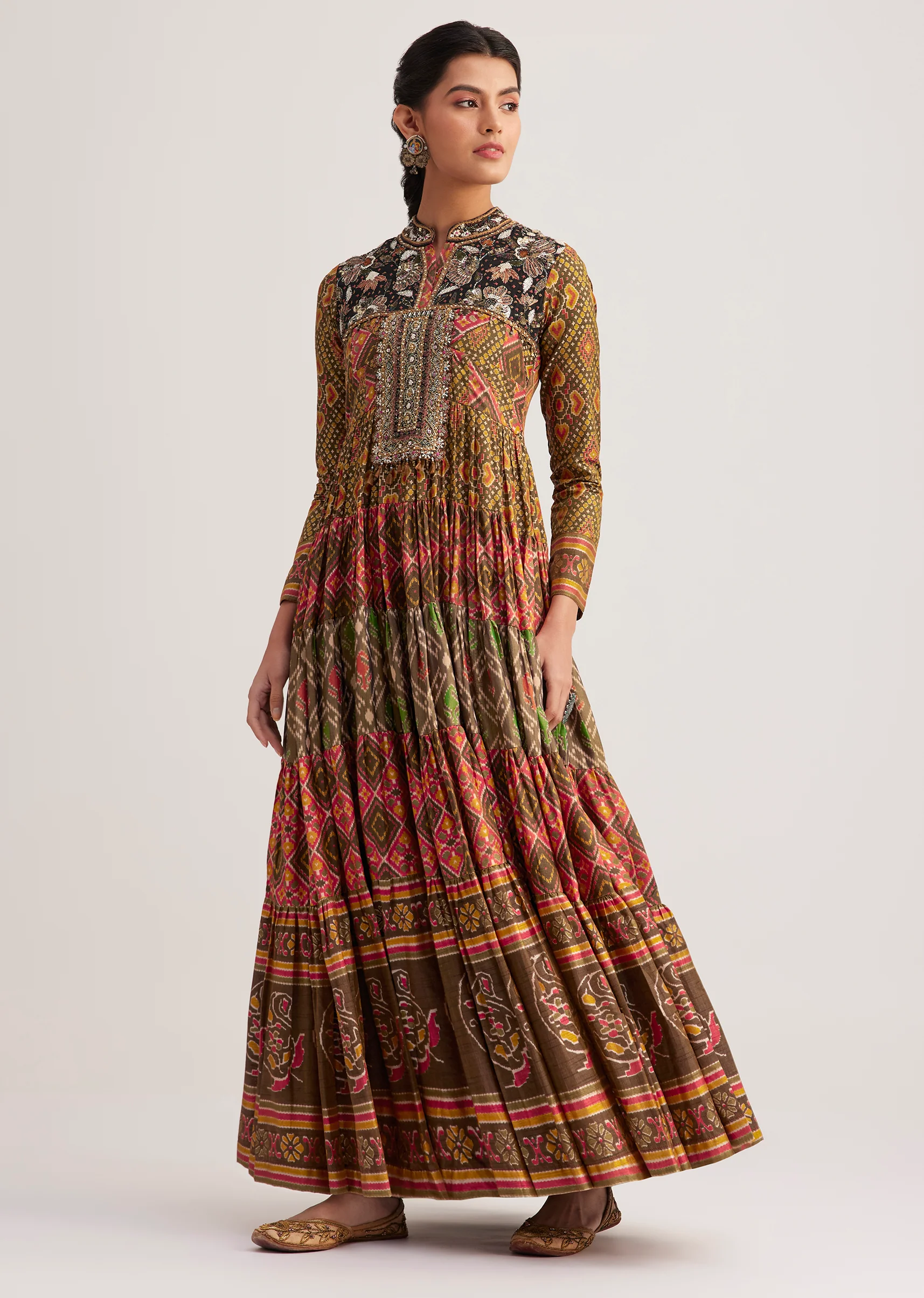 Mustard Silk Kurti With Multicolor Patola Print - Image 3