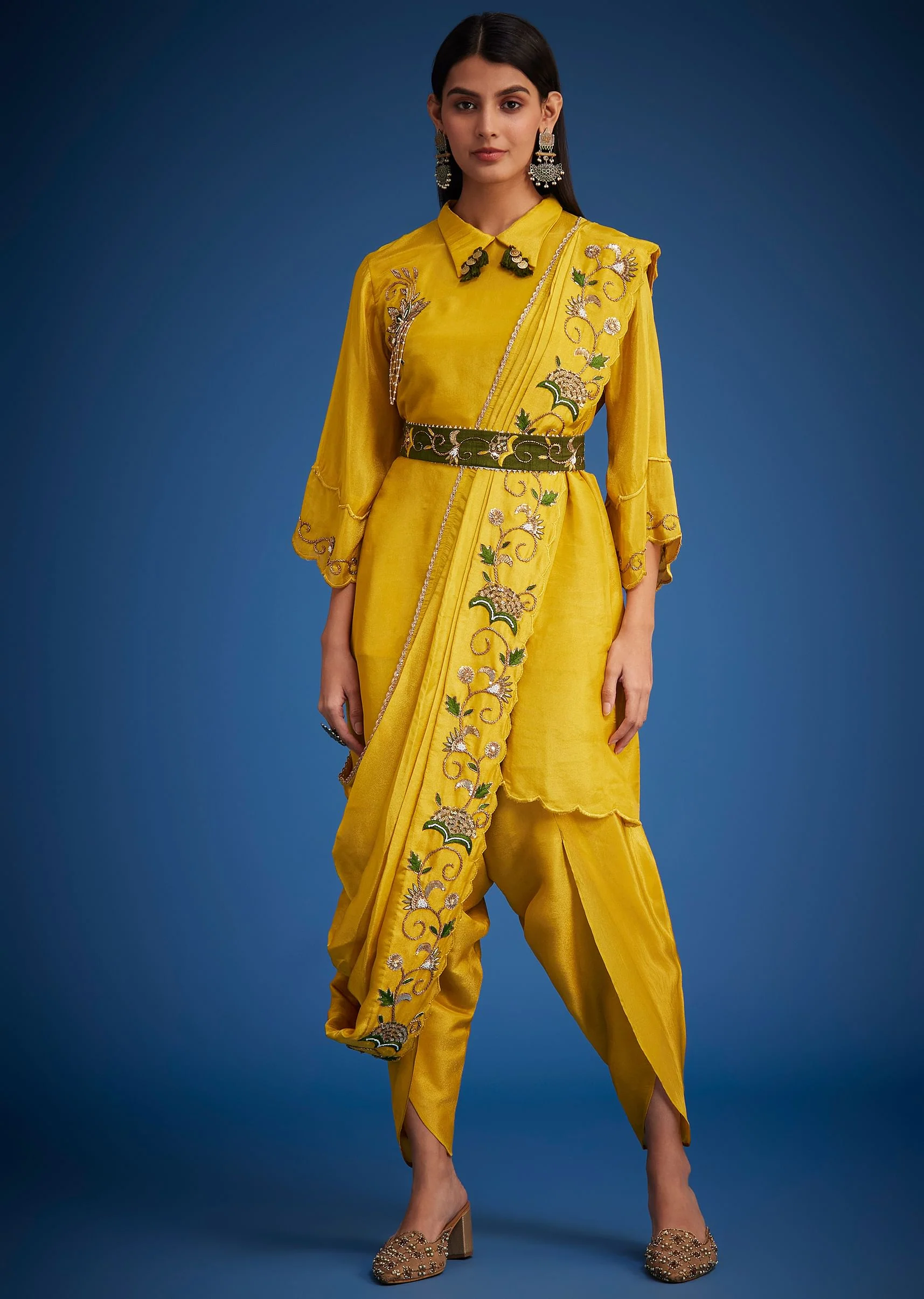 Mustard Tissue Embroidered Dhoti Set - Image 3