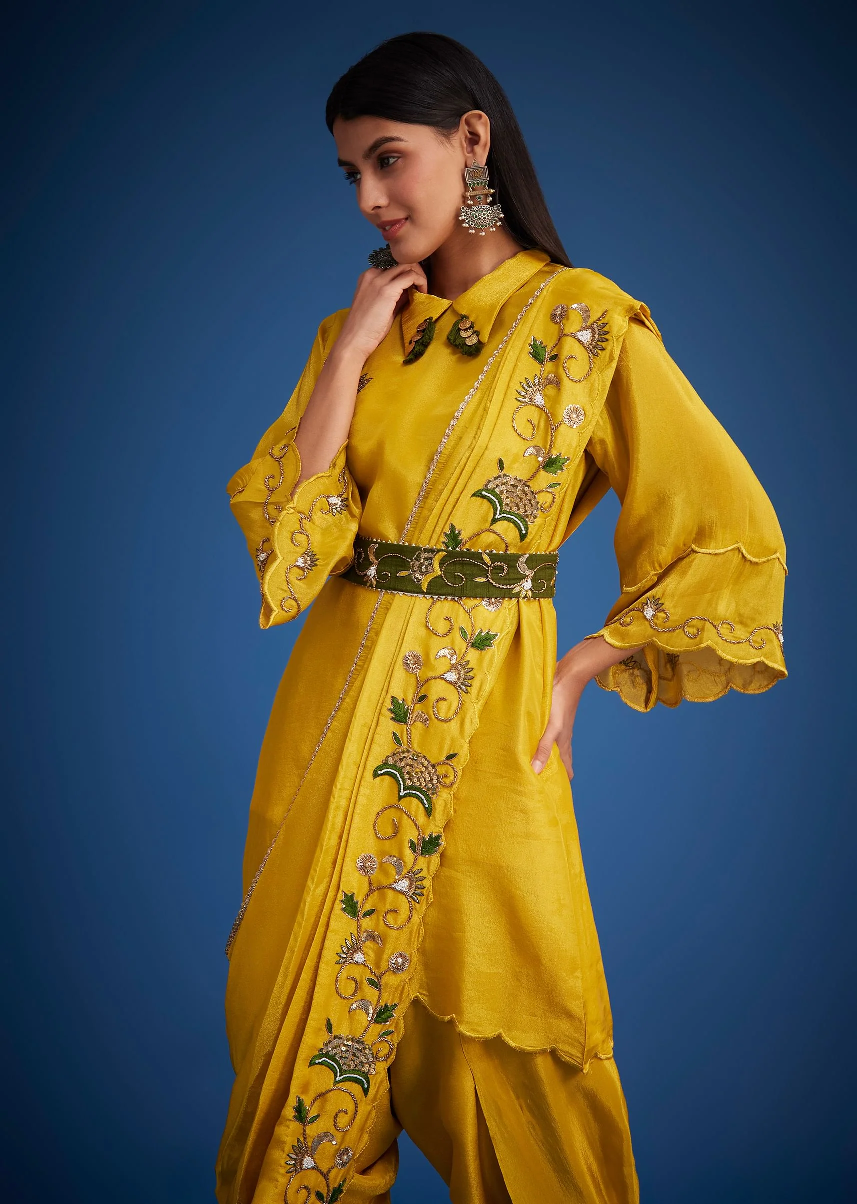 Mustard Tissue Embroidered Dhoti Set - Image 4