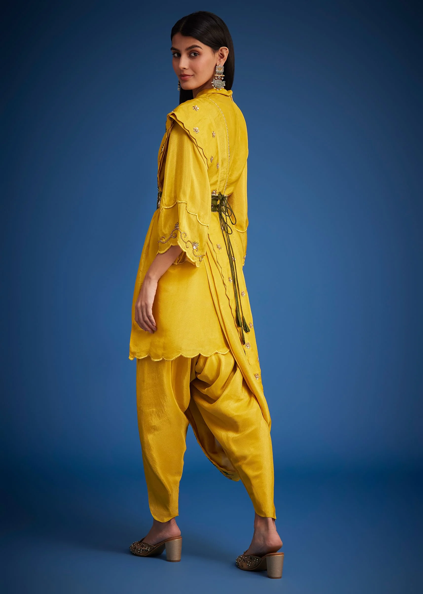 Mustard Tissue Embroidered Dhoti Set - Image 5