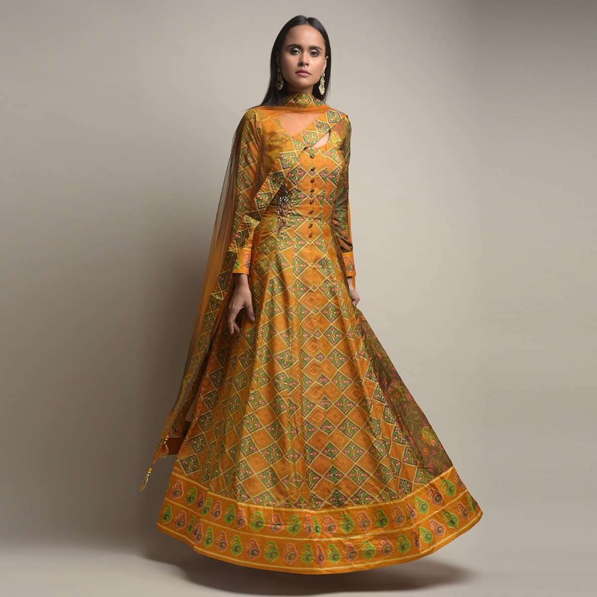 Mustard Yellow Anarkali Suit In Silk With Patola Print And Beads Embroidered Patchwork Detailing Online - Kalki Fashion - Image 2