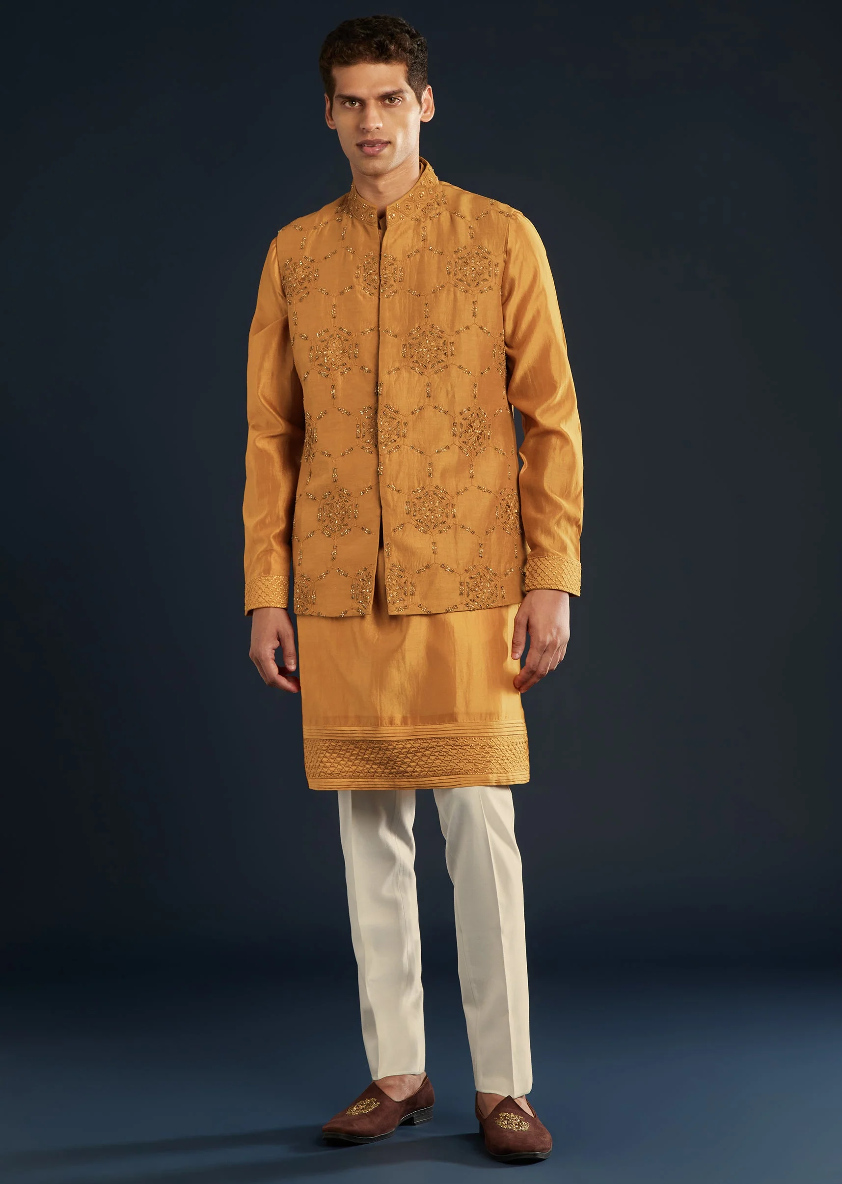 Mustard Yellow Chanderi Jacket Kurta Set With Dori Work