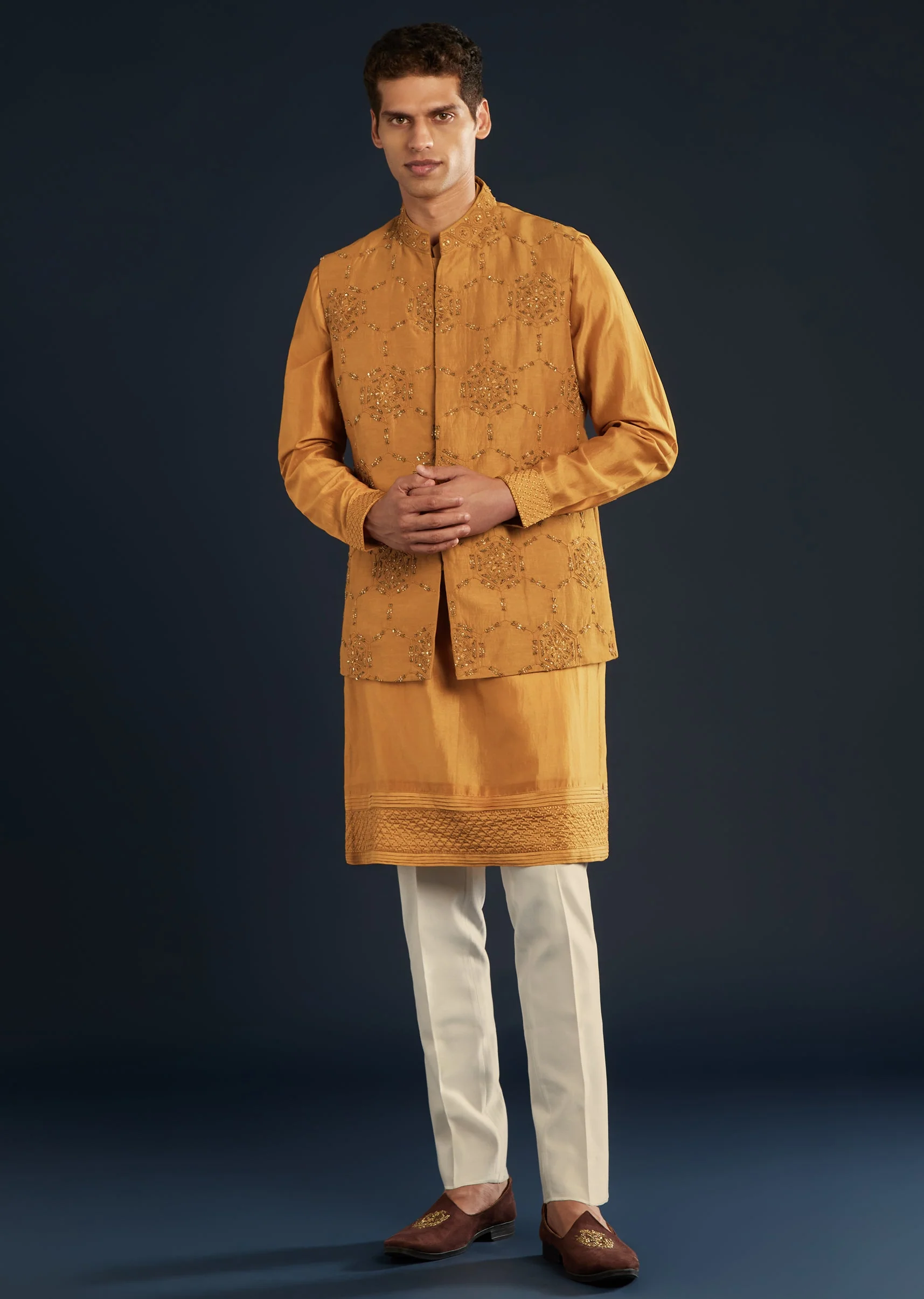 Mustard Yellow Chanderi Jacket Kurta Set With Dori Work - Image 3