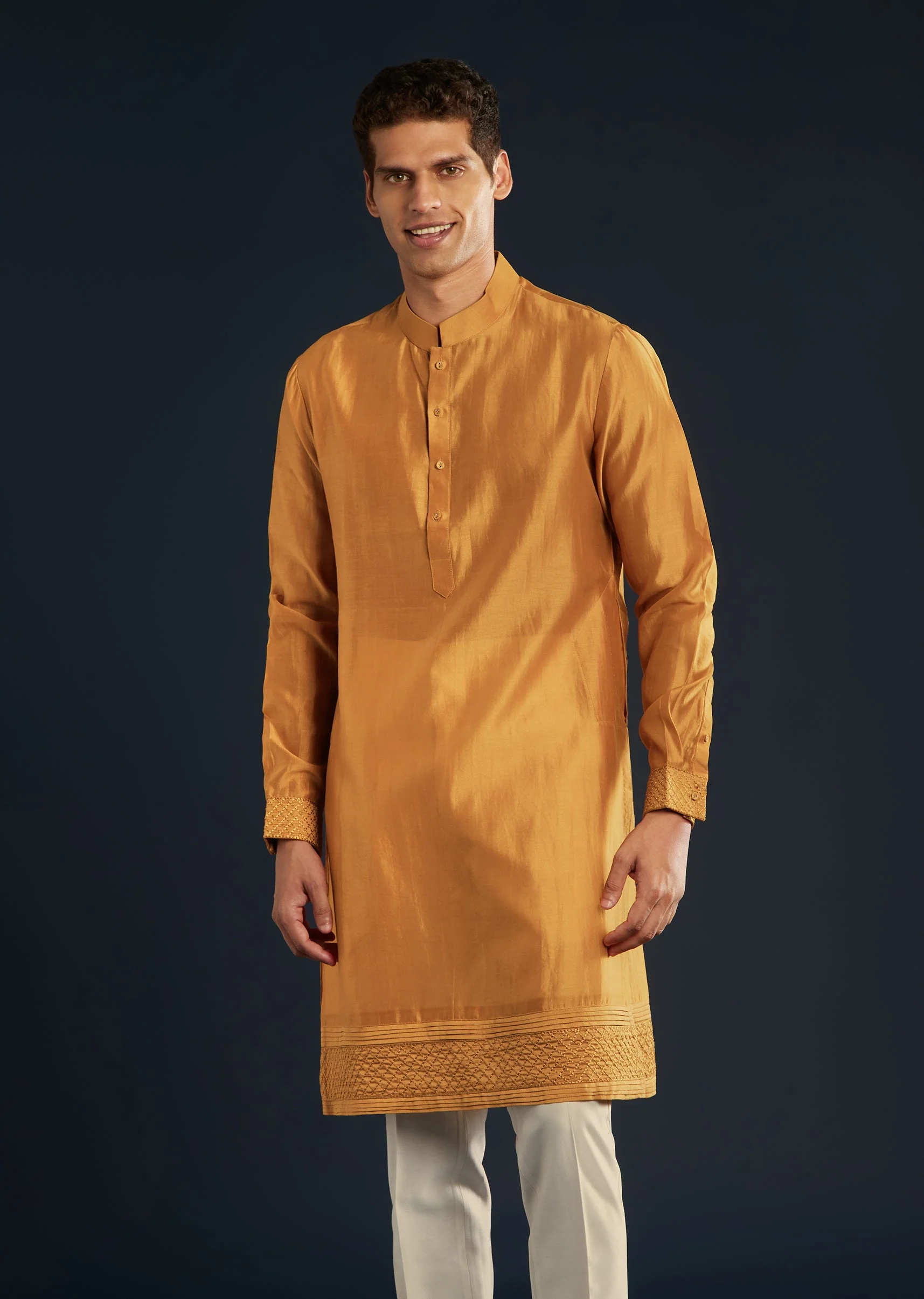Mustard Yellow Chanderi Jacket Kurta Set With Dori Work - Image 6