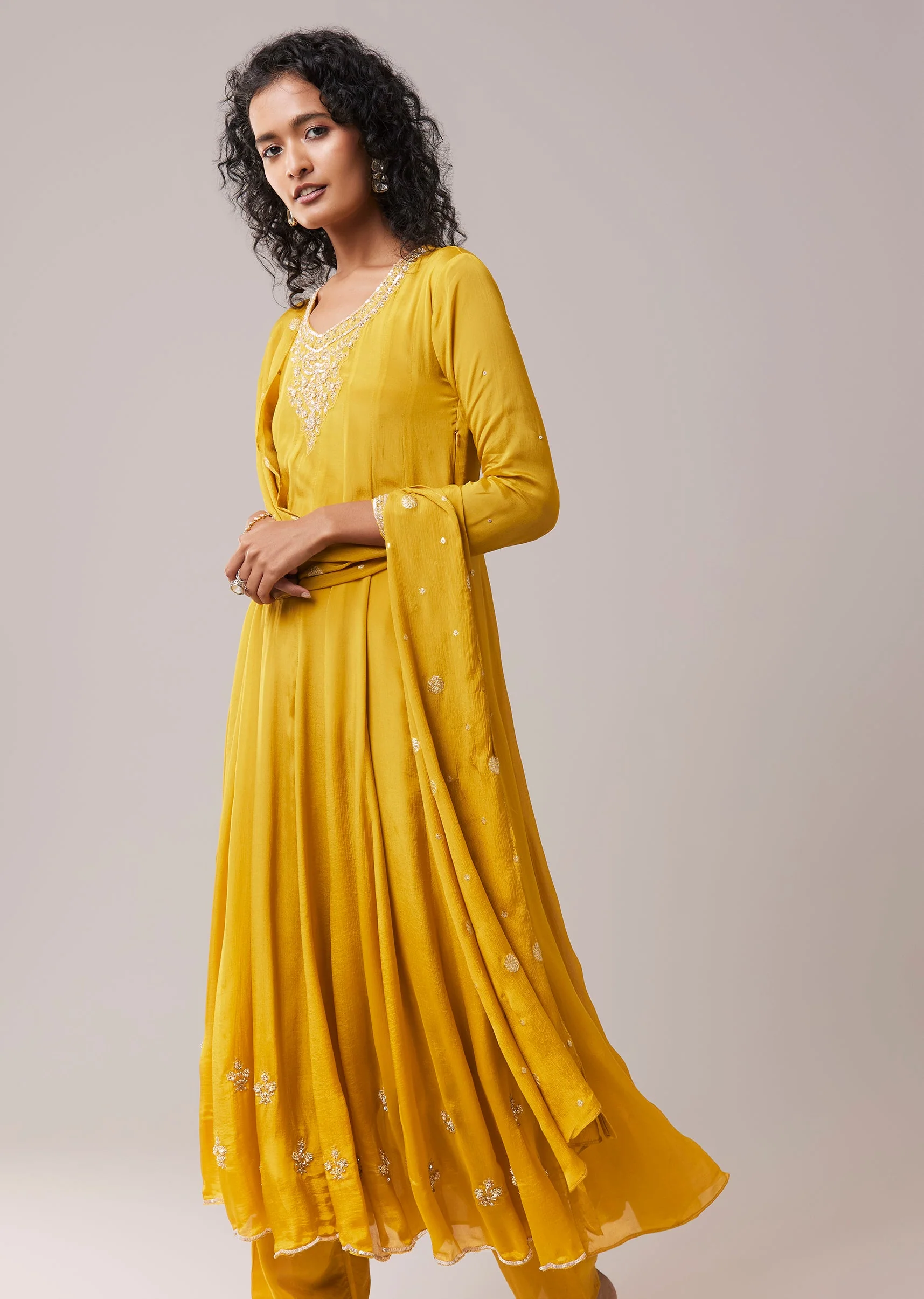 Mustard Yellow Chinon Sequin Embroidered Anarkali Set - Image 4